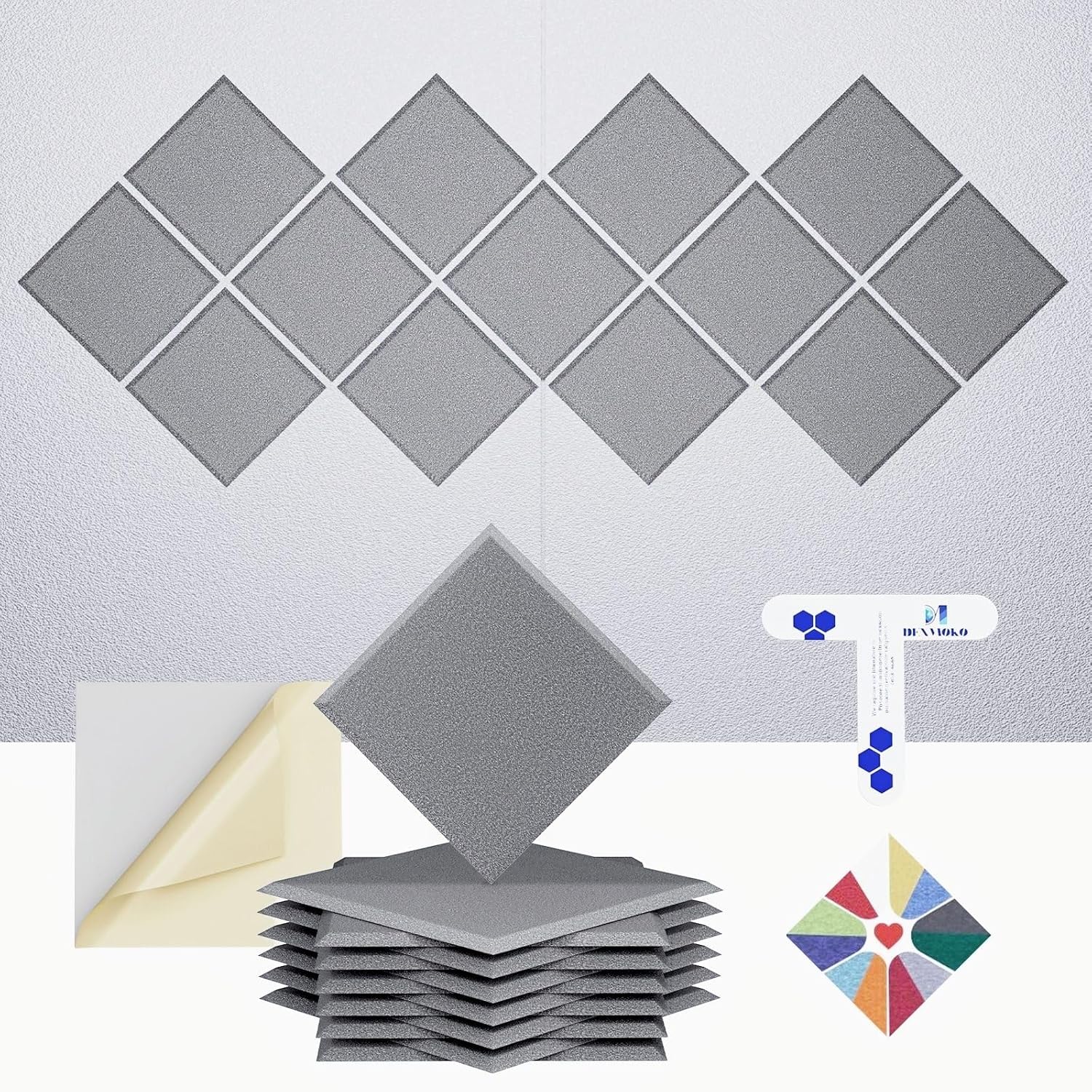 Self-Adhesive Acoustic Panels [390 lbs/yd³ Ultra-High Density], 2nd Generation Sound Absorbing Panel, Professional Level Sound Panel, Polyester Soundproof Foam [Square, Moon Grey]