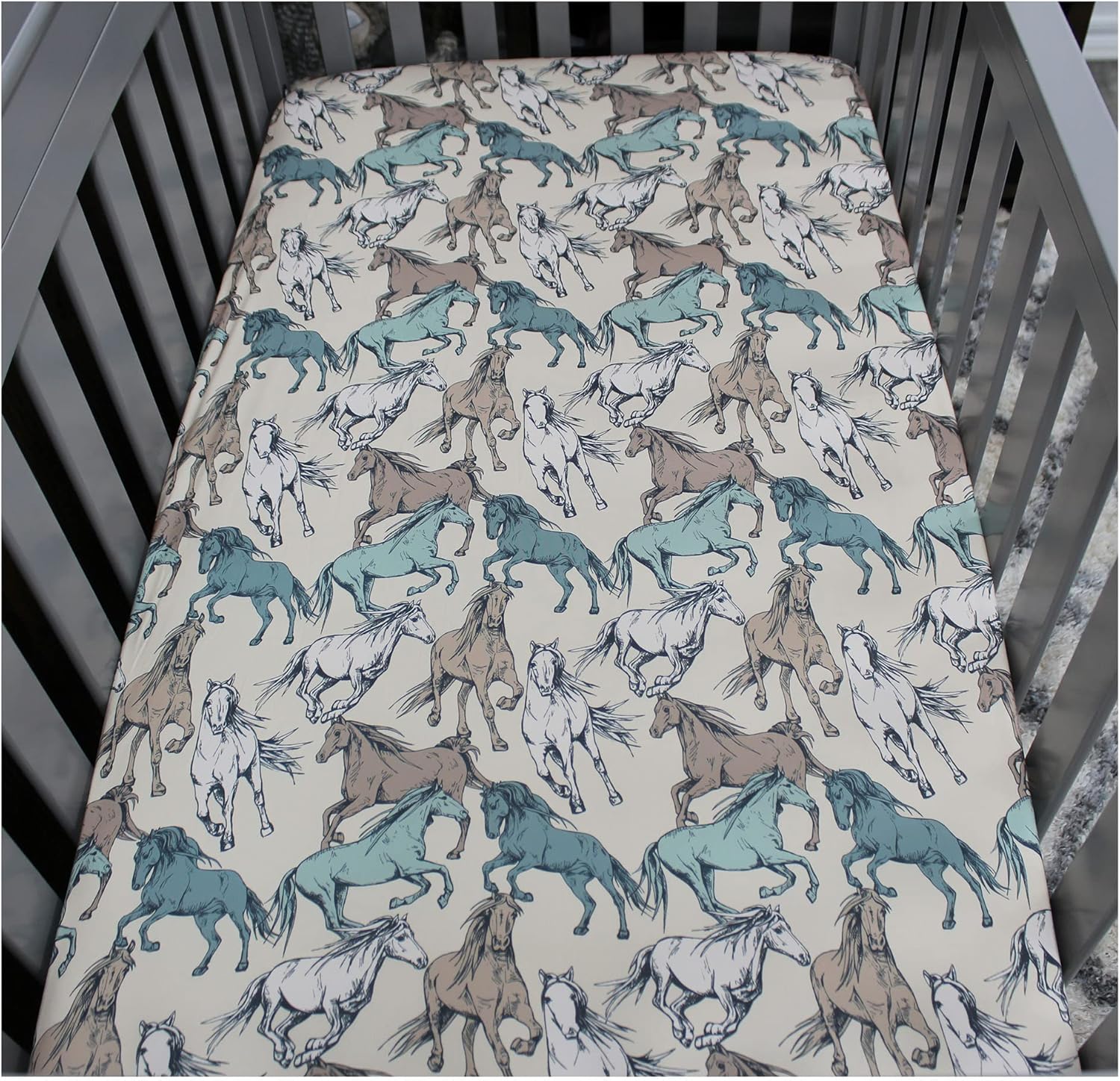 Dear Baby Gear Baby Crib Sheets - Toddler Bed Sheets - Breathable Fitted Bed Sheet - Nursery Bedding - Crib Mattress Sheet for Girls & Boys - 52x28x10 (Tan Teal and Cream Horses on Natural Print)