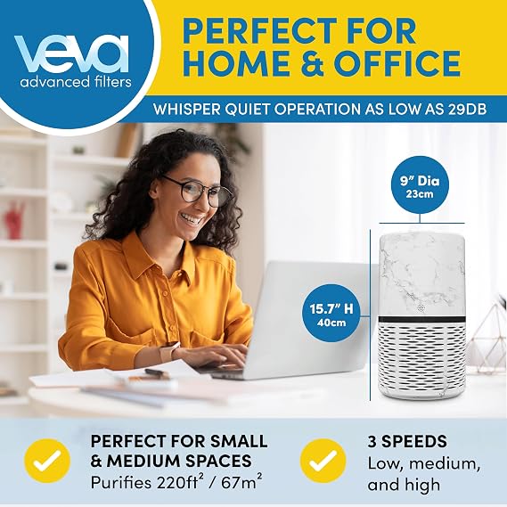 Veva White Circular Air Purifier, Compact and Modern with UV-C Light, HEPA Filter, 3 Speed Settings, Soft Light, 220 sqft coverage