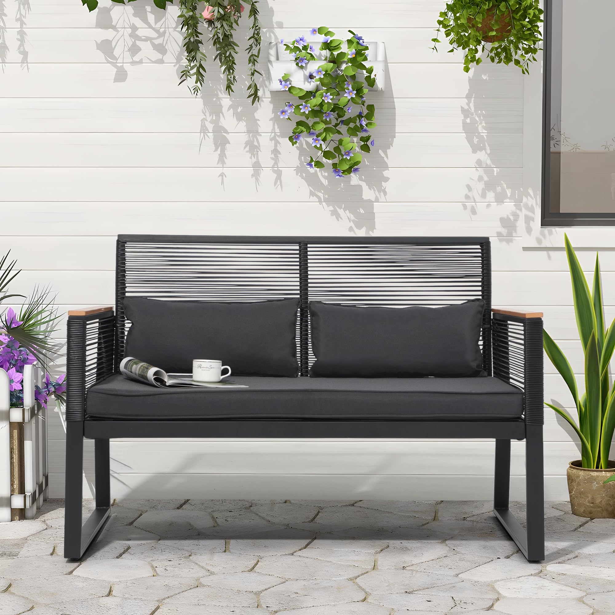 OC Orange-Casual 2er Gartenloveseat Rattan Gartenbank mit Sitzkissen&Rückkissen, Terrasse Sitzbank bis zu 160 kg, Balkonbank für Balkon, Garten, Terrasse, Hinterhof, Schwarz