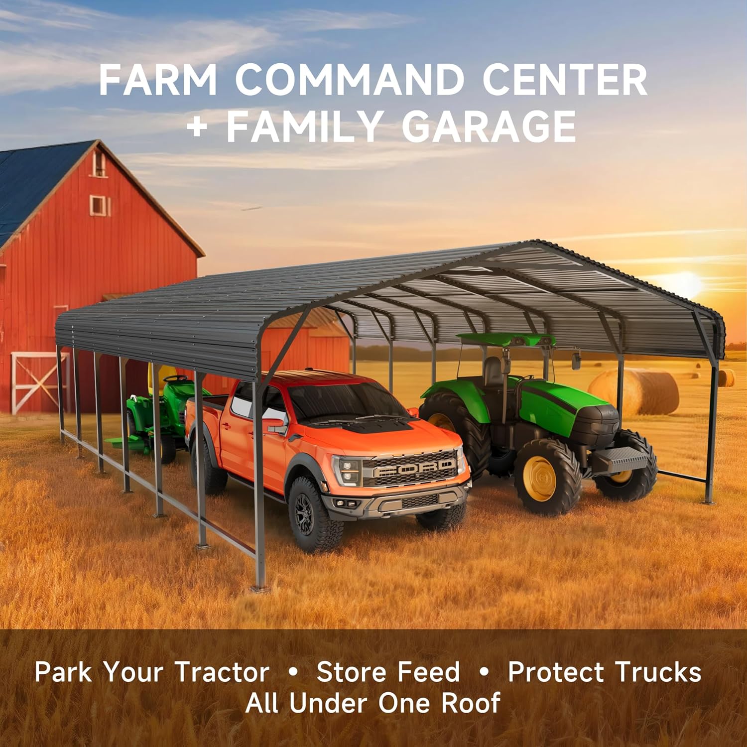 EASYHAWK carport in a rural setting, sheltering a truck and tractor, with text 'Farm Command Center + Family Garage'