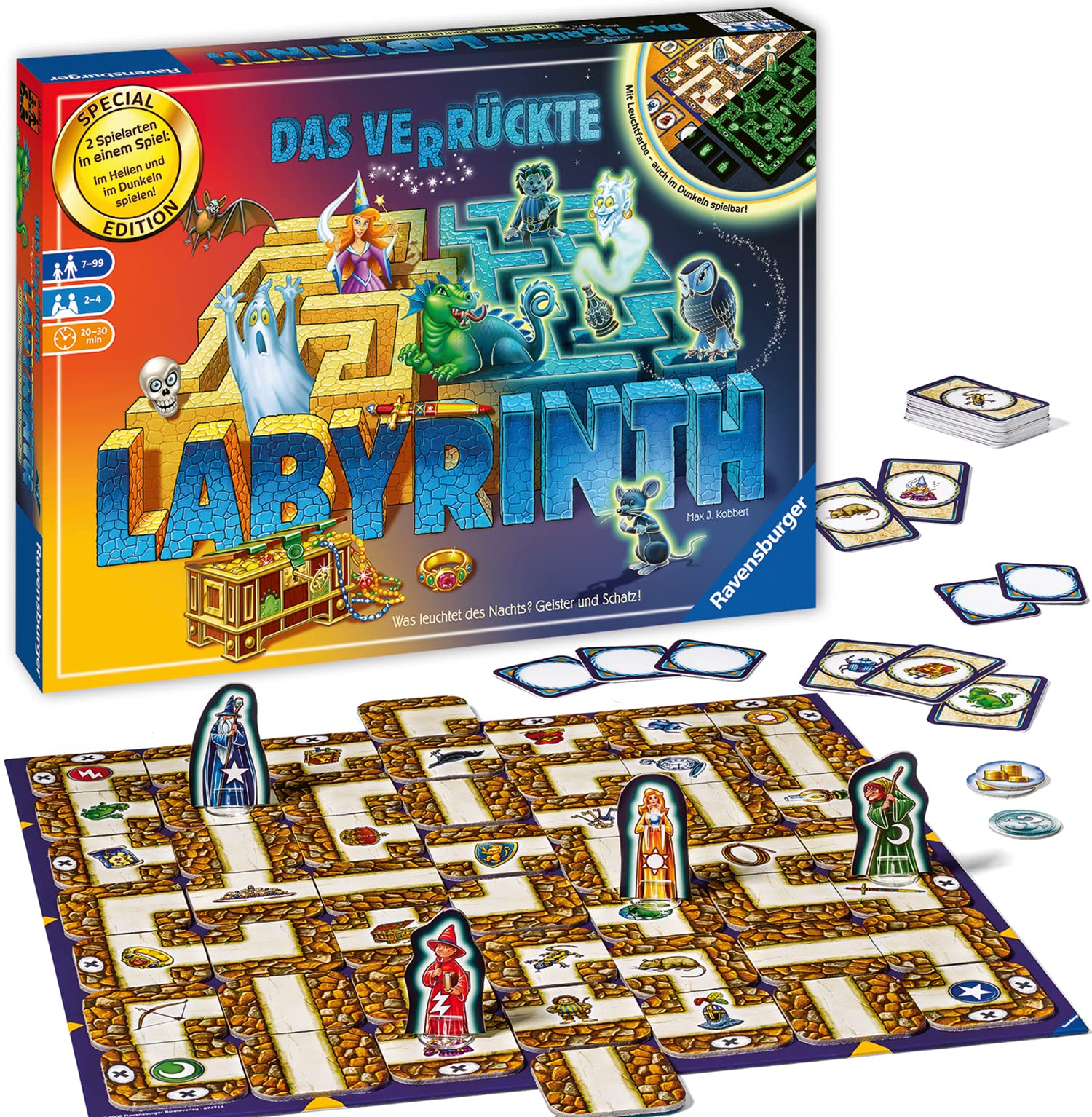 Ravensburger 26687 - Labyrinth Glow in The Dark - Familienklassiker mit Leuchtfarbe, Spiel für Kinder und Familien ab 7 Jahren - Gesellschaftspiel geeignet für 2-4 Spieler - Schätze suchen