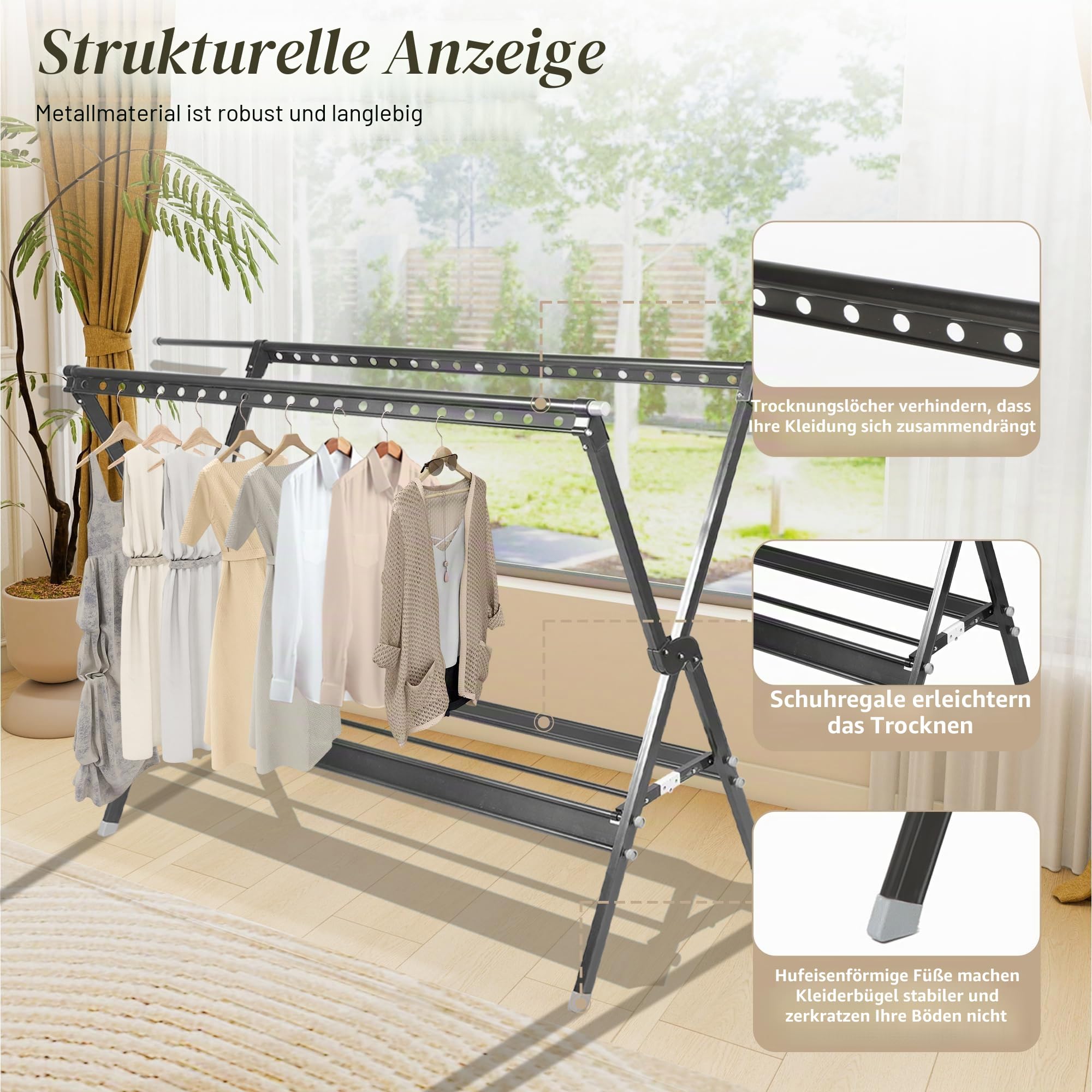 135-230 cm Wäscheständer, Wäscheständer Ausziehbar, einstellbar Länge, Faltbarer Kleiderständer, Indoor Outdoor, Schuhe und Kleidung, Heavy Duty Kleiderständer, mit winddichtem Haken