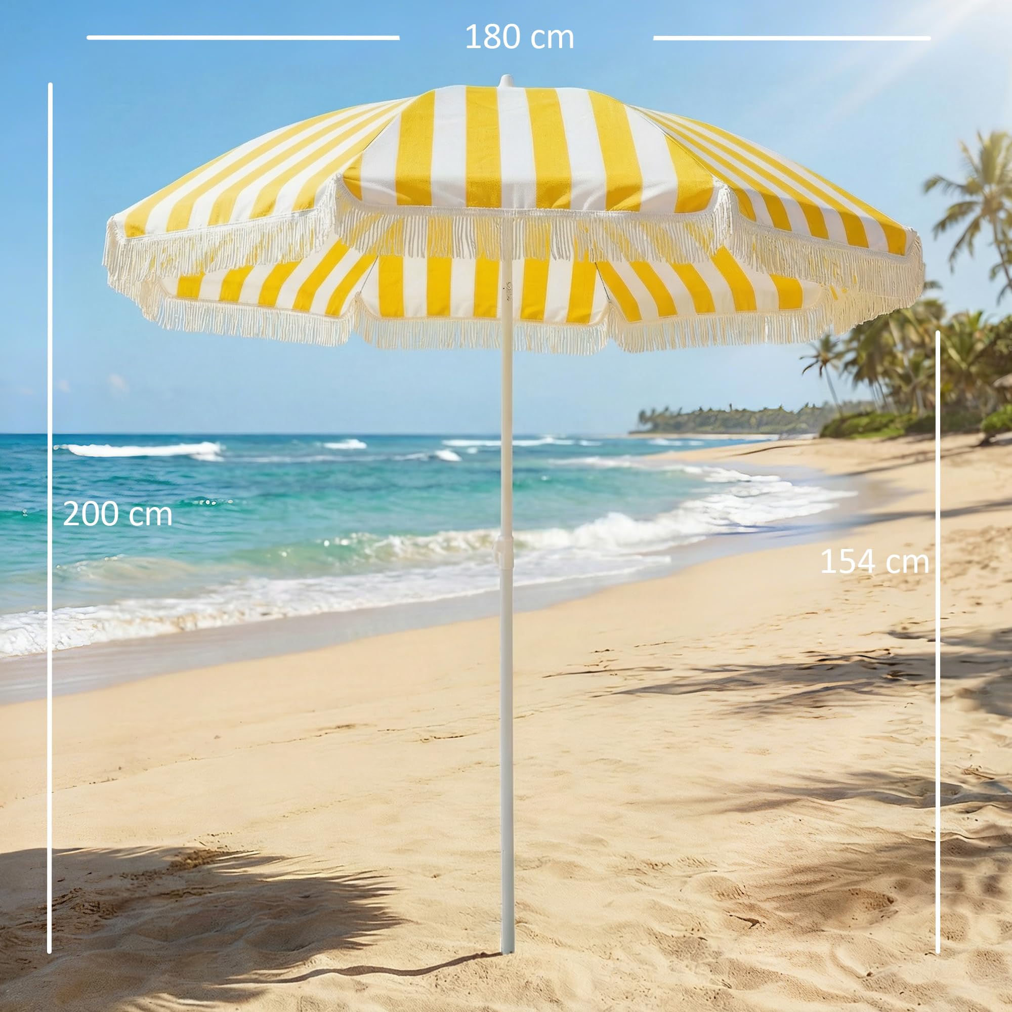 Outsunny Sonnenschirm Strand Ø180 cm windfest Strandschirm mit Sandanker verstellbarer Neigung Tragetasche Balkon-Schirm Gartenschirm sicherer Sonnenschutz für Reisen Strand Balkon Camping Gelb+Weiß