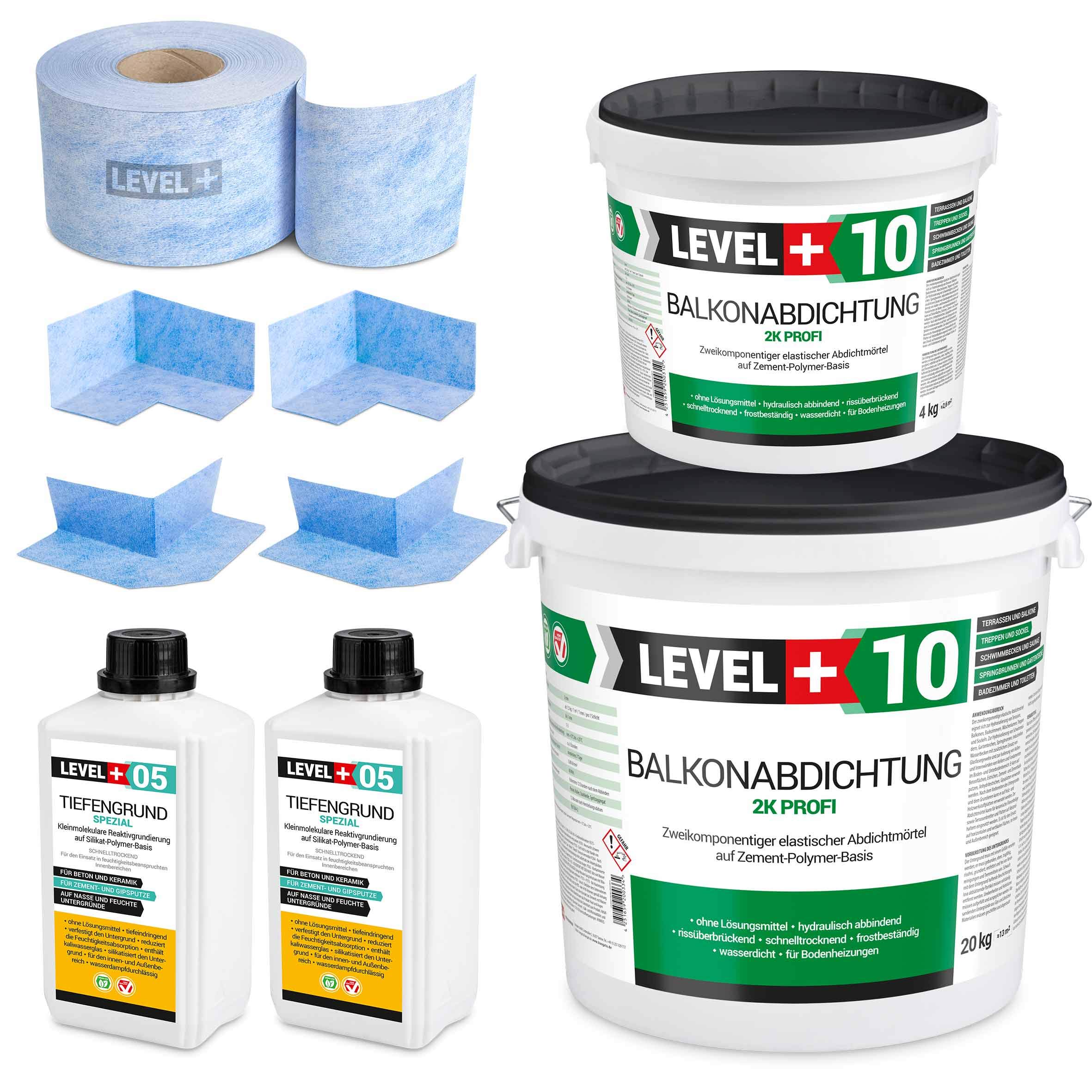 Dicht-Set 24Kg Balkonabdichtung 8m², 2 Innenecken, 2 Außenecke, 10M Dichtband, 2L Tiefengrund mit Wasserglas SET33