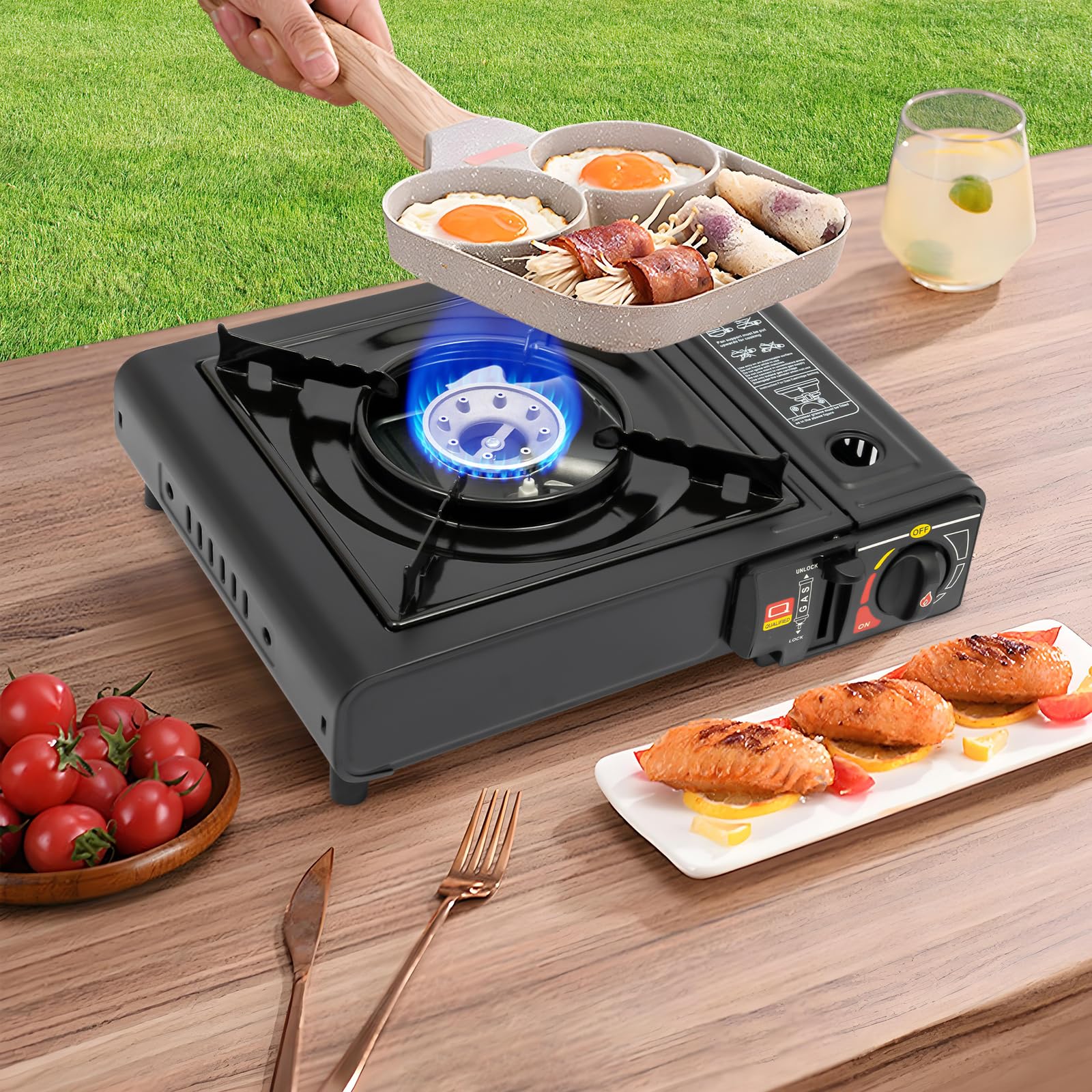 Hornillo portátil de gas Stove, compacto de aluminio LPG/gas butano, hornillo de gas para camping al aire libre, cartucho universal con encendido piezoeléctrico, patas antideslizantes y asa de