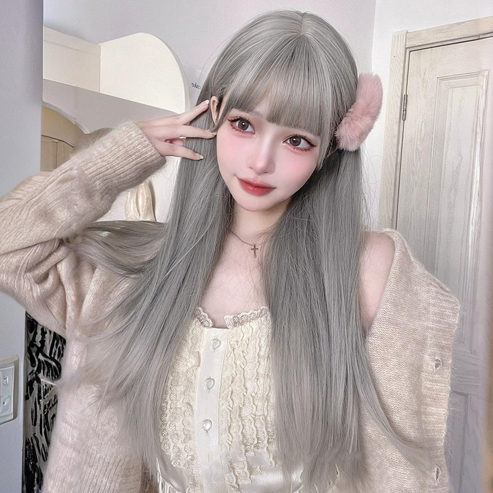 Amazon.co.jp: EMMOR ウィッグ ロング ストレート グレーウイッグ 女装