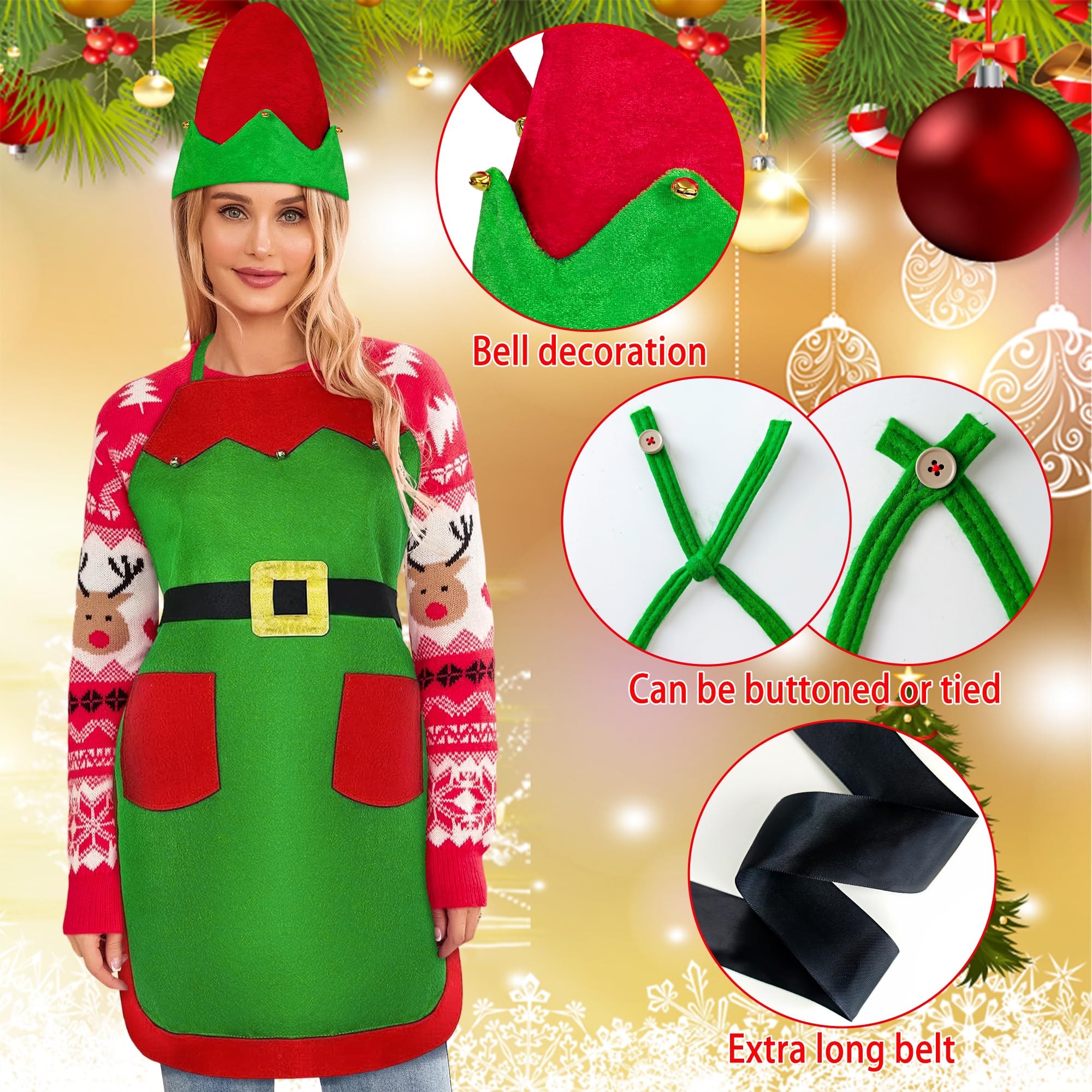 Yezmo Christmas Elf Apron and Hat Set, Christmas Elf Costume Accessories for Adults Women Men for Xmas Dress up Party - Image 3