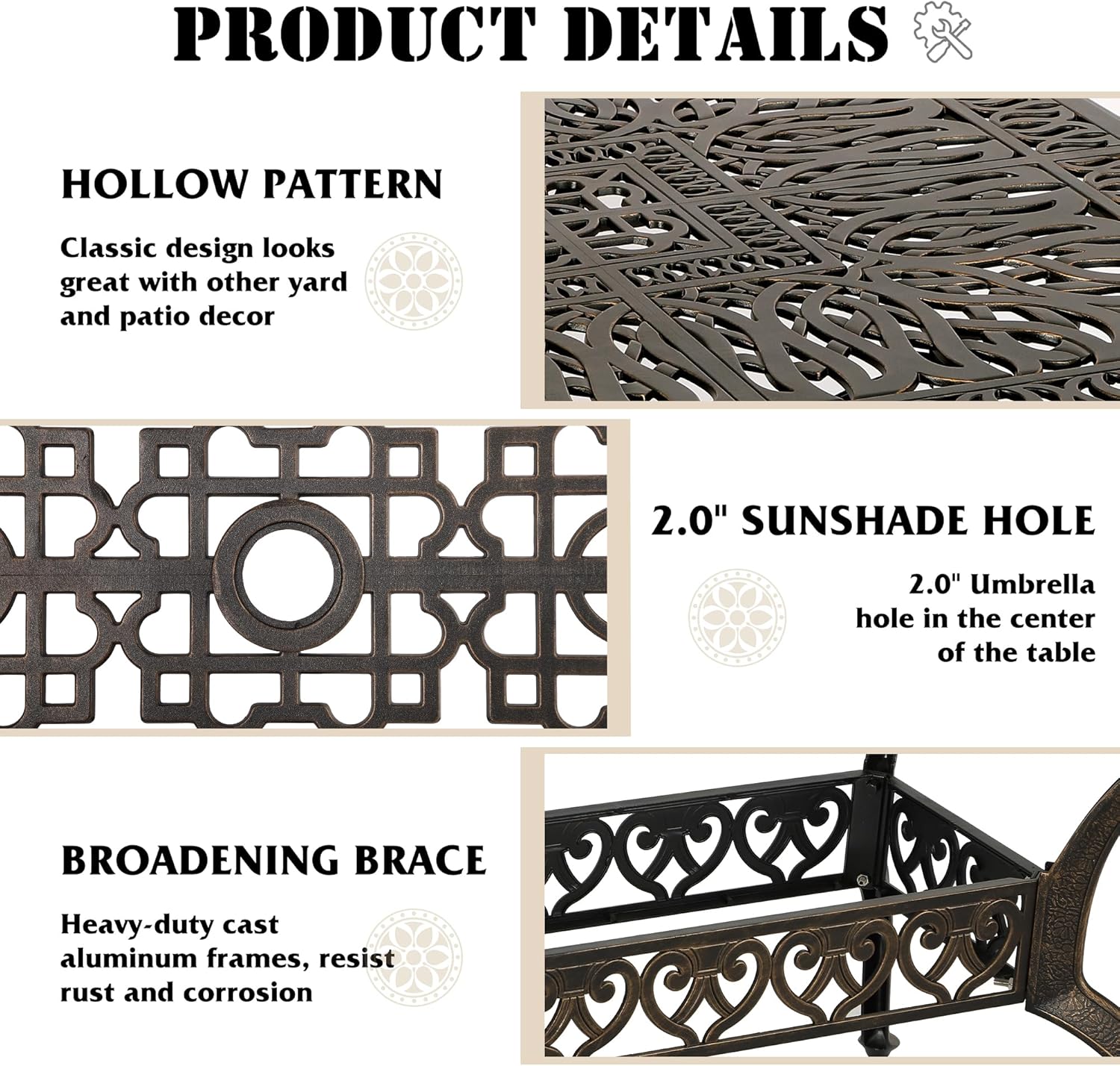 86.6in Rectangular Cast Aluminum Patio Bistro Table, Outdoor Dining Table with 2" Umbrella Hole, Weather-Resistant Table for Porch, Backyard, Bronze (86.6" Rectangular Table)