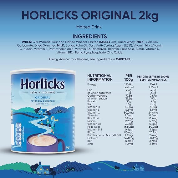 Horlicks Original Malted Milk 2kg (Pack of 2) - Just add milk, The Original Malted Drink. High in Calcium, Zinc, Vitamin C, Vitamin D & Vitamin B12.