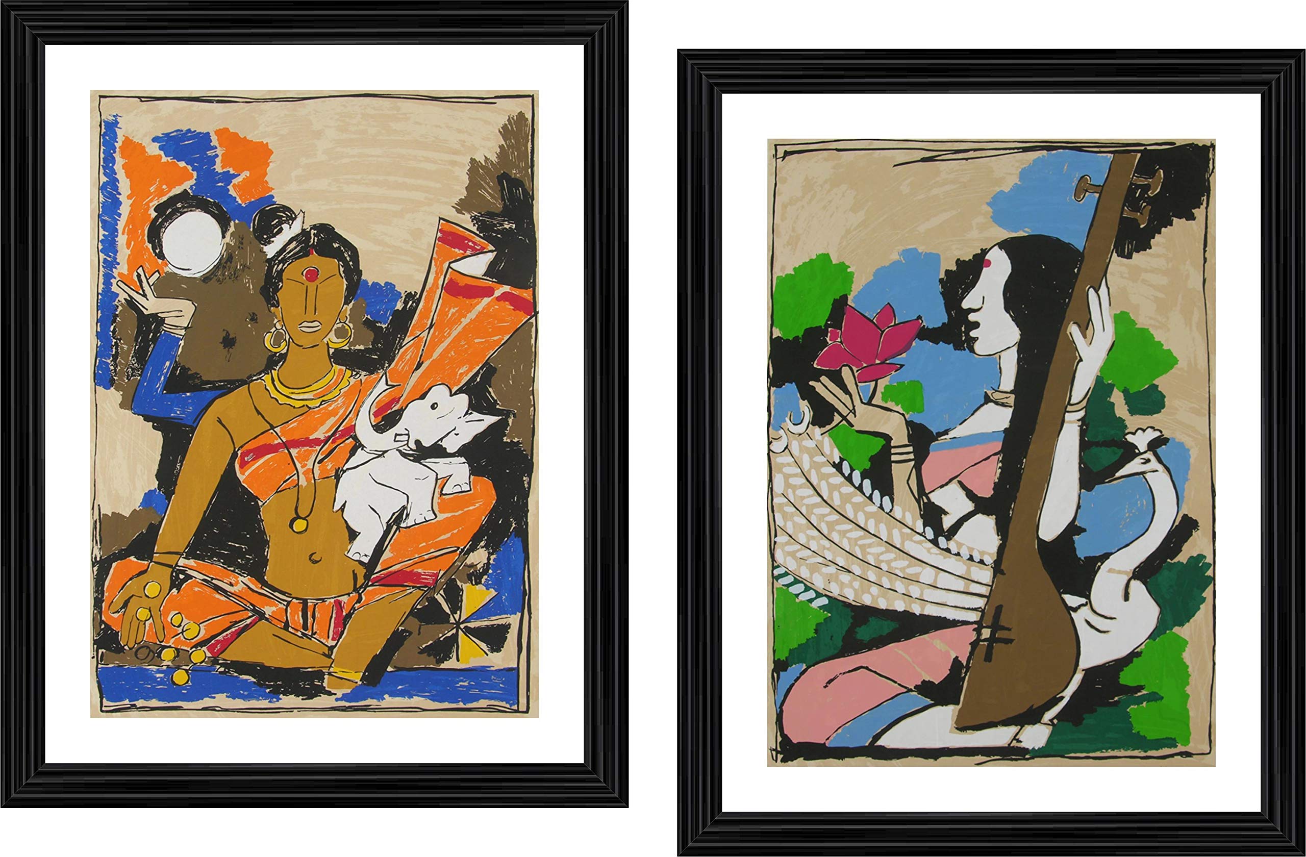 Decoratus *Lakshmi* & *Saraswati*- Two Paintings by M.F. Husain