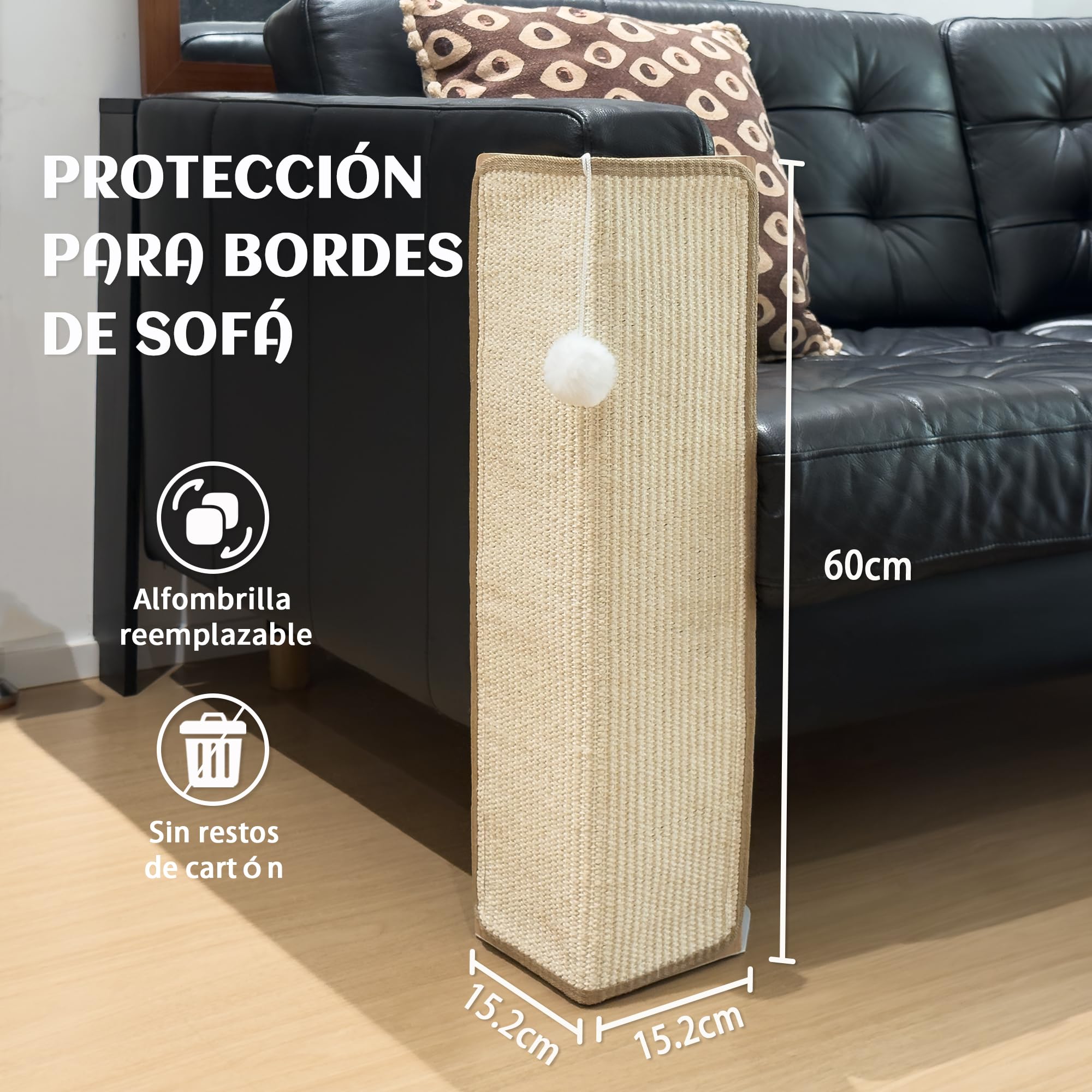 PETKARAY Rascador para Debajo de los Muebles para Gatos, Poste de rascado de sisal de 60 cm para la Esquina del sofá, Protector de Muebles con tapete para rascar para sofá con Pelota de Juguete