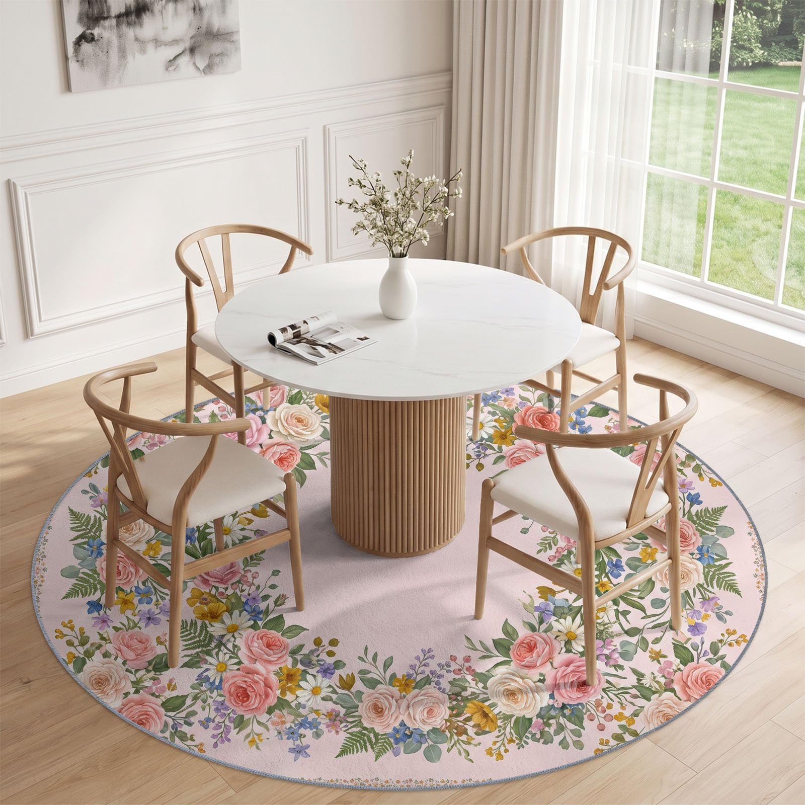 Tapis Rond Pastorale Campagne Francaise 160 cm, Roses Marguerites Fougères Couronne Lavable en Machine pour Salon, Rose Vert Antidérapant, Poil Court Tapis Rond Imprimé pour Chambre d’Enfant Nurserie