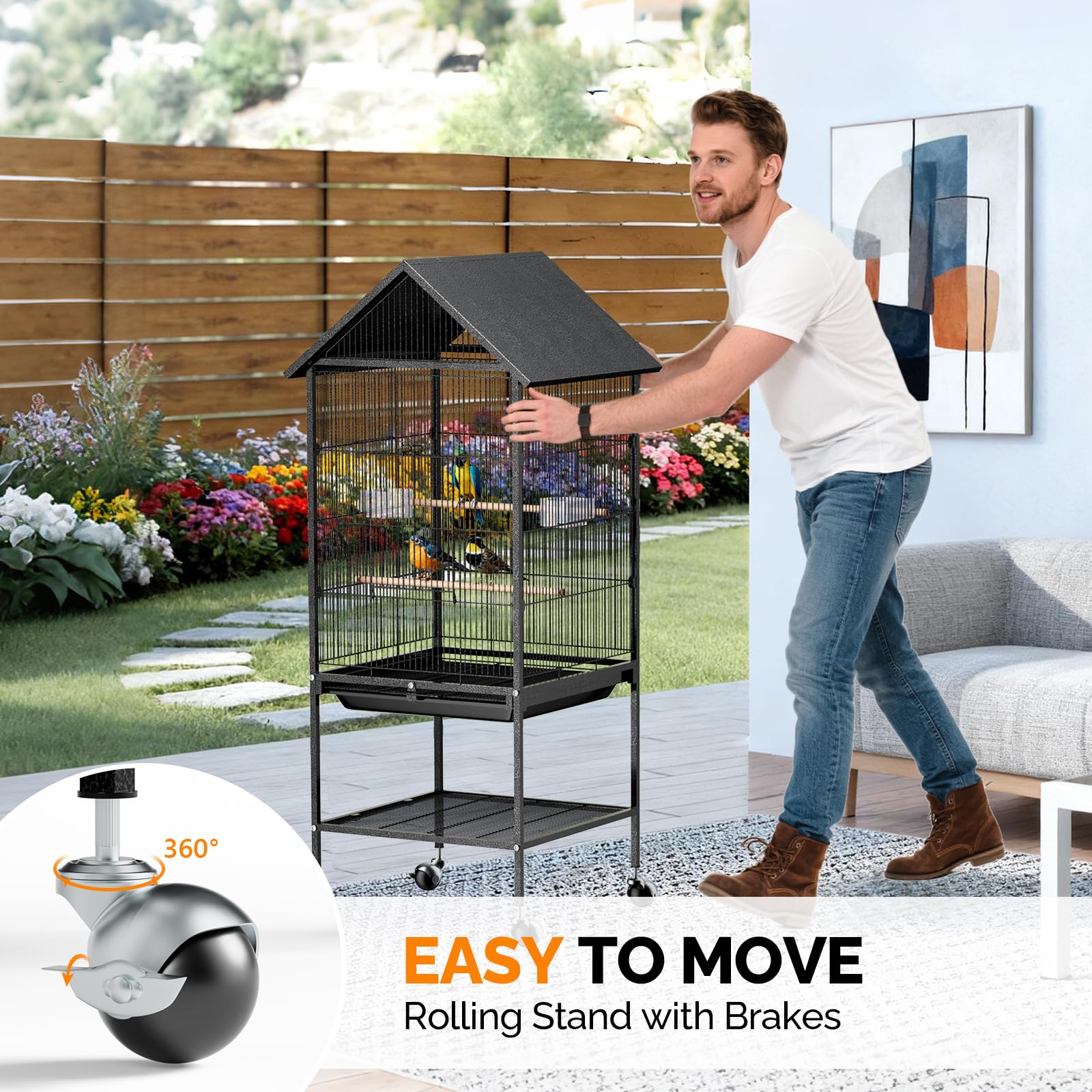 VINGLI Bird Cage with Rolling Stand for Parrots, Cockatiels, Budgies, Lovebirds, Small/Medium Birds (50" H with Spire Roof) - image 4