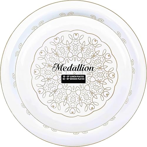 Miniatura 3 de Blue Sky Medallion Gold - Platos desechables de plástico (20 unidades) paquete combinado de 8 y 10 pulgadas  Diseño elegante de alta calidad,