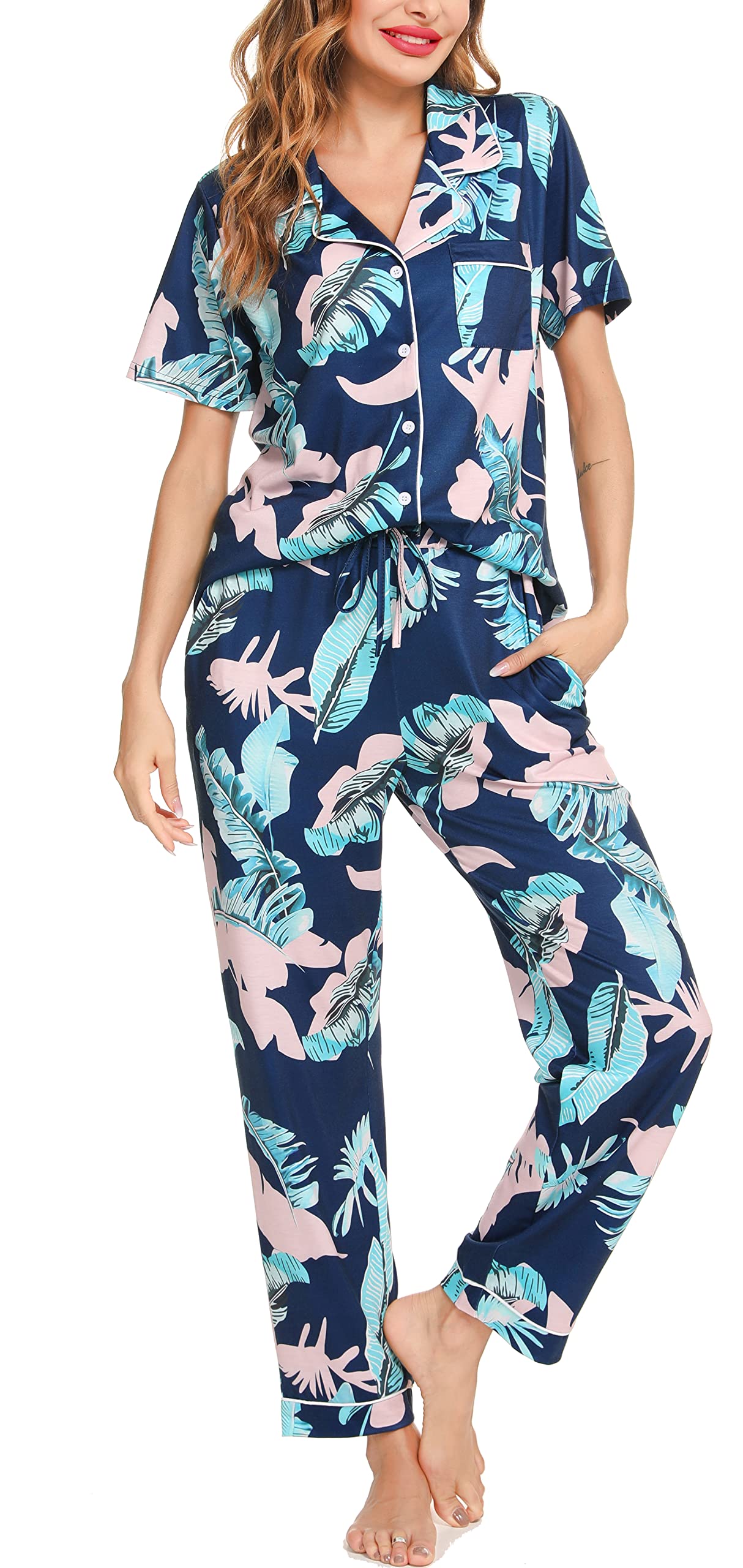 Lovasy Schlafanzug Damen Lang Kurzarm Pyjama mit Knöpfen Schlafanzüge für Damen Zweiteiliger Loungewear Set mit Taschen und Kordelzug