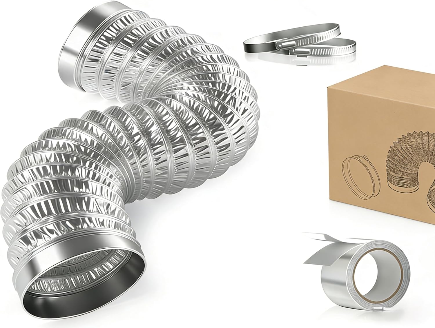 Heavy Duty 4" Flexible Aluminum Dryer Vent Hose 3FT - 6-Ply Extra Thick Kit w/ Clamps & Tape for Dryers, HVAC, Diesel Heaters