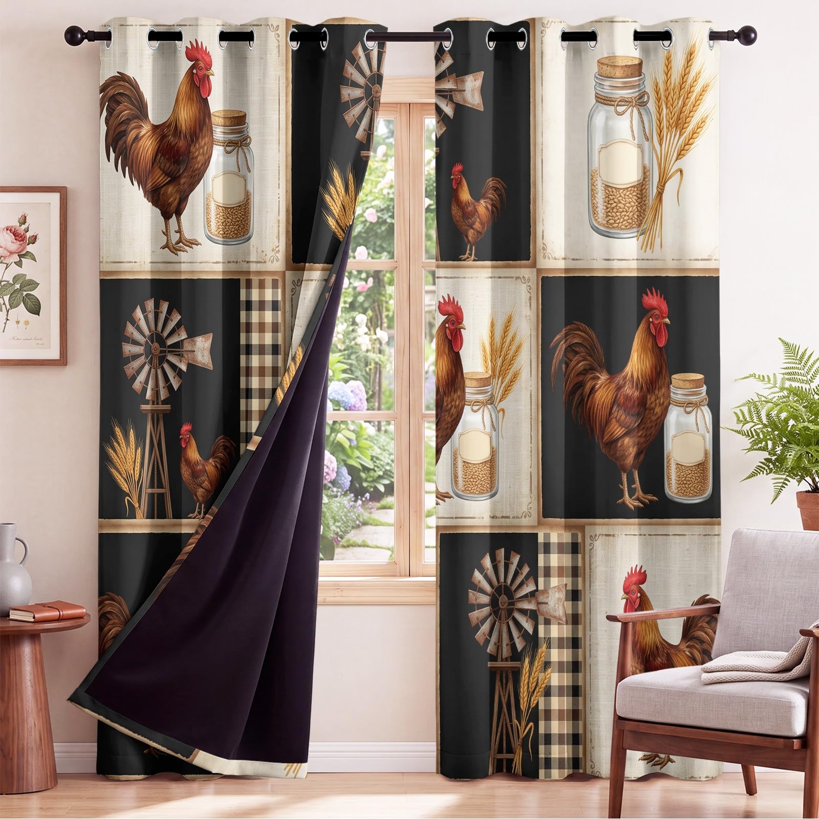 Generisch Vorhänge Wohnzimmer Kariert Landhausstil, Gardinen Blickdicht Hühner Schalldämmend Energiesparend, Thermo Sichtschutz für Privatsphäre Ösen, B 132 x H 160 cm