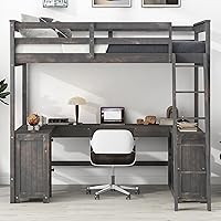 Vista 3 de Cama tipo loft de tamaño matrimonial con escritorio en forma de U, 1 armario y 2 cajones, 4 estantes de almacenamiento, marco de cama de madera