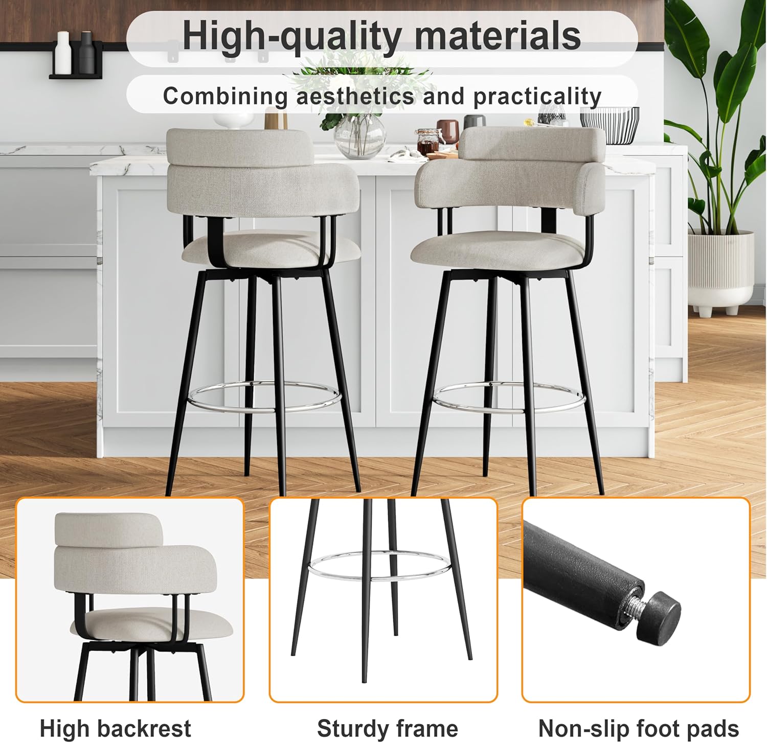 Swivel Bar Stools Set of 2, Ergonomic Backrest, Linen Fabric Upholstered Bar Stools with Chrome Plated Metal Feet for Kitchen Island (Beige, 30 inch)