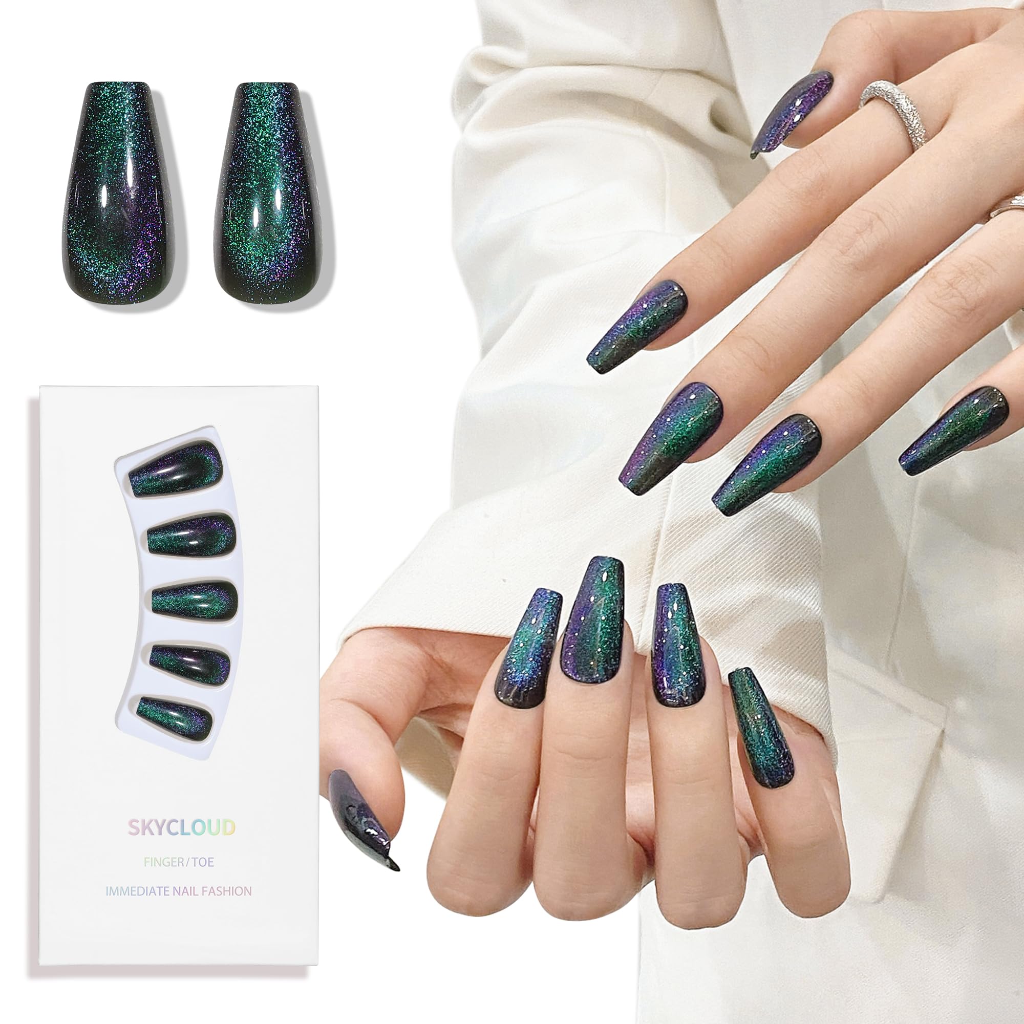 Cat Eyes Press On Nails,12 Sizes - 24 Pcs Soft Gel Dark Green Medium Coffin Fake Nails Kit with Nail Glue, Natural Reusable Stick On False Nails for