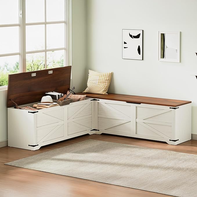 DWVO L-Shaped Storage Bench, 18" High Corner Dining Bench with Safety Hinges, Wooden Nook Chest for Living Room, Bedroom