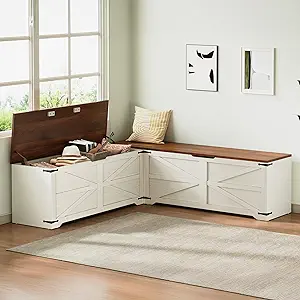 DWVO L-Shaped Storage Bench, 18" High Corner Dining Bench with Safety Hinges, Wooden Nook Chest for Living Room, Bedroom