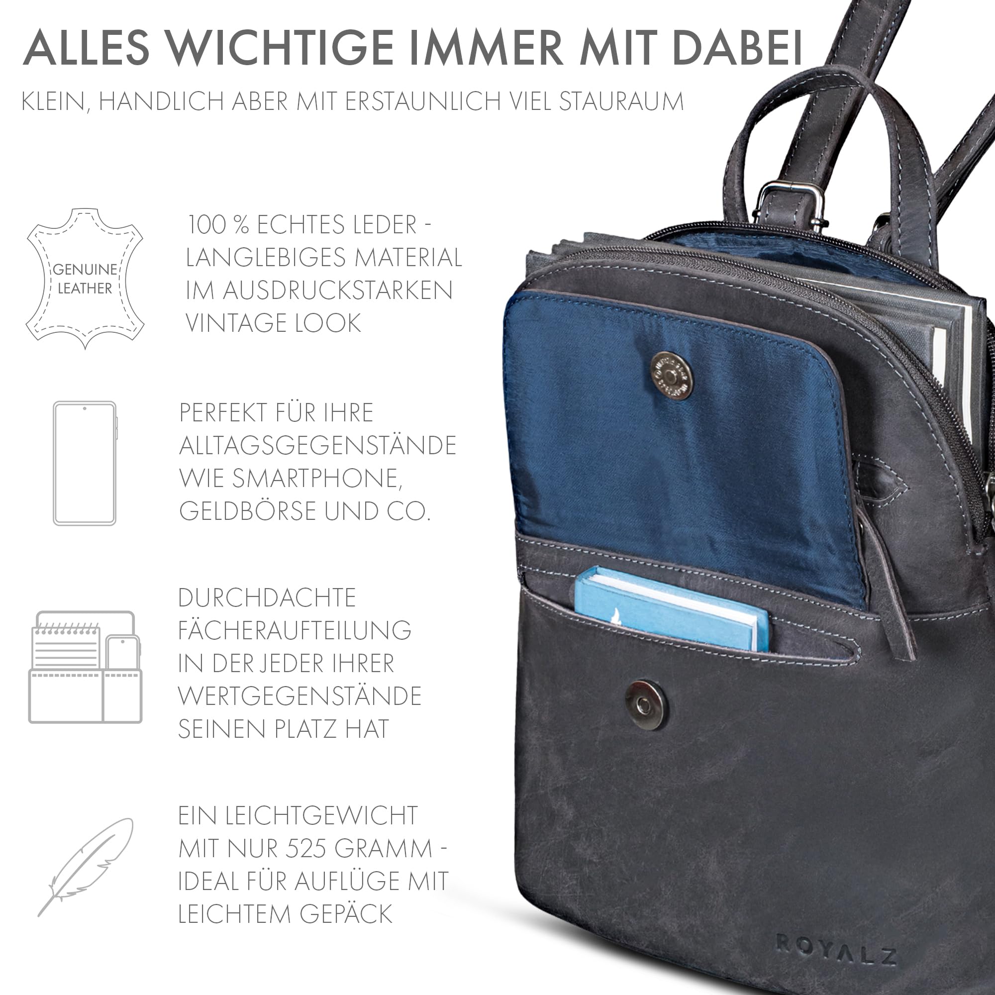 ROYALZ "Providence Echtleder Rucksack Damen klein elegant - Rucksackhandtaschen Leder für Frauen - Moderner Mini Lederrucksack im Vintage Look Cityrucksack;Farbe:Navy Grau