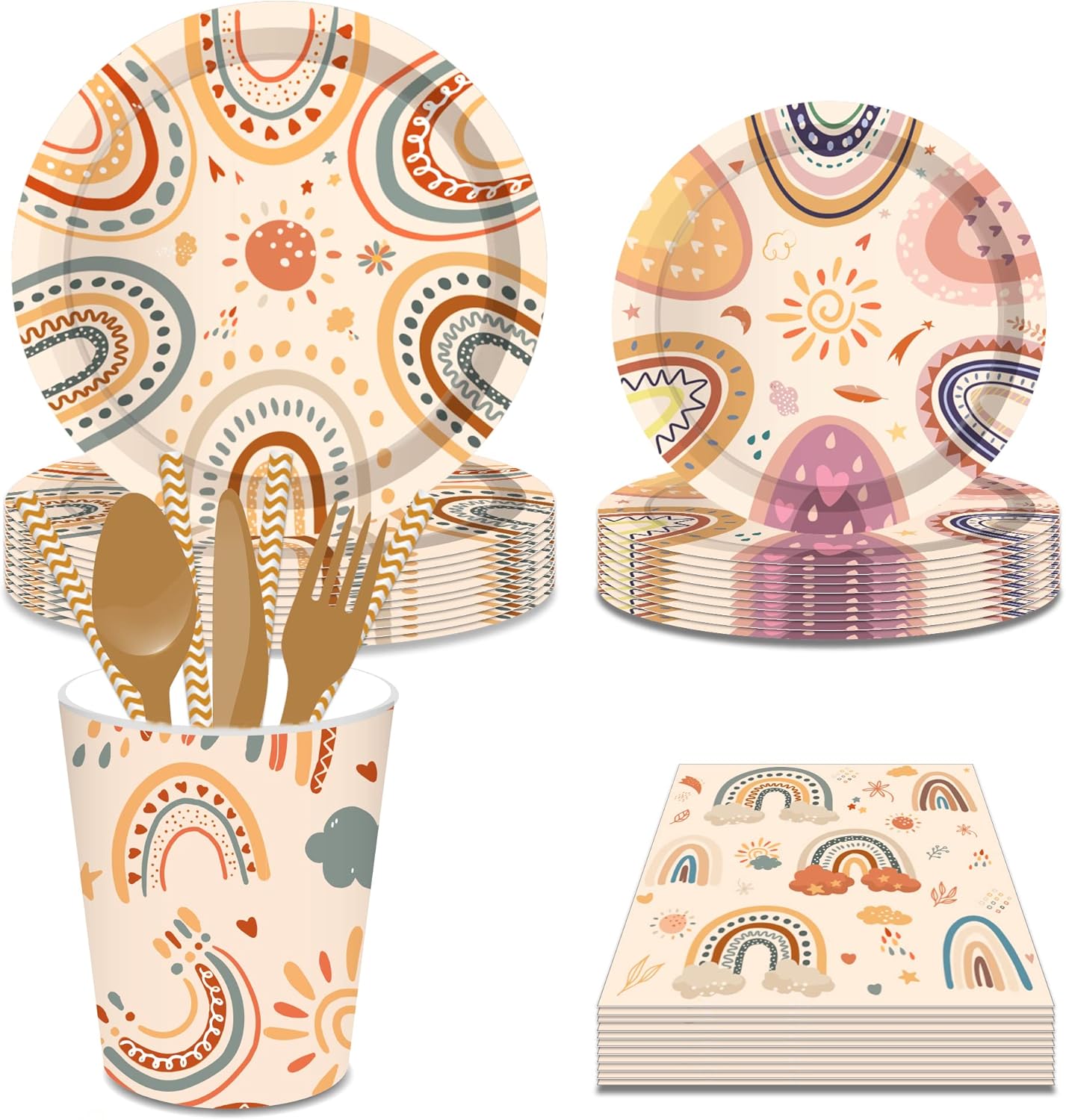 fanquare Boho Rainbow Party Dinnerware Set Paper Plates Cups Napkins Forks Baby