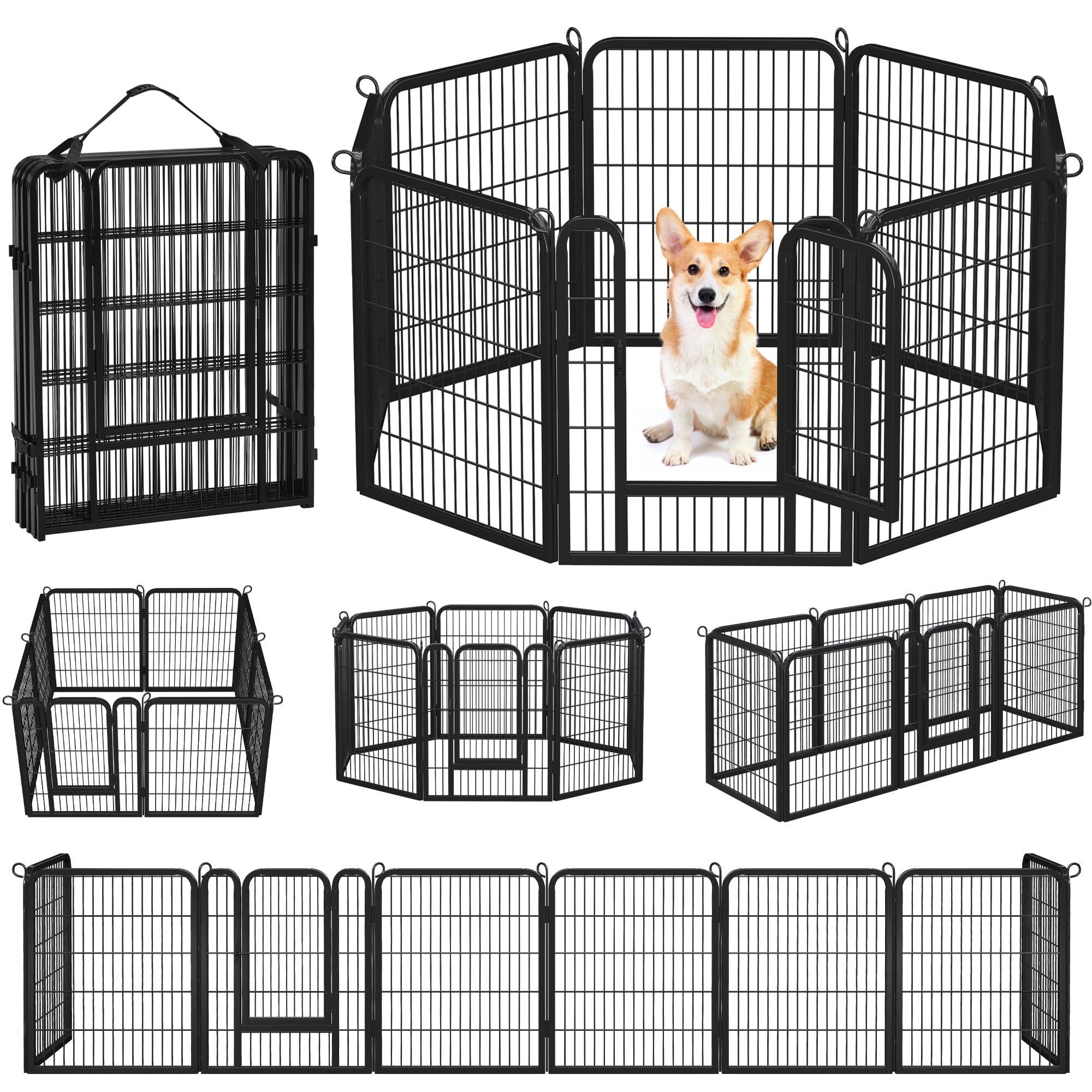 Recinti per Cani Gatti da Interni ed Esterni per Cuccioli Conigli Recinzione in Metallo Pieghevole Box Portatile per Cani Nera 8 pz 65 x 80 cm
