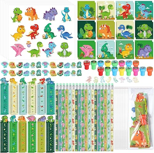 PerKoop 168 piezas temáticas de dinosaurios, regalos de fiesta de cumpleaños de dinosaurios, mini cuaderno, sello adhesivo para niños y niñas,