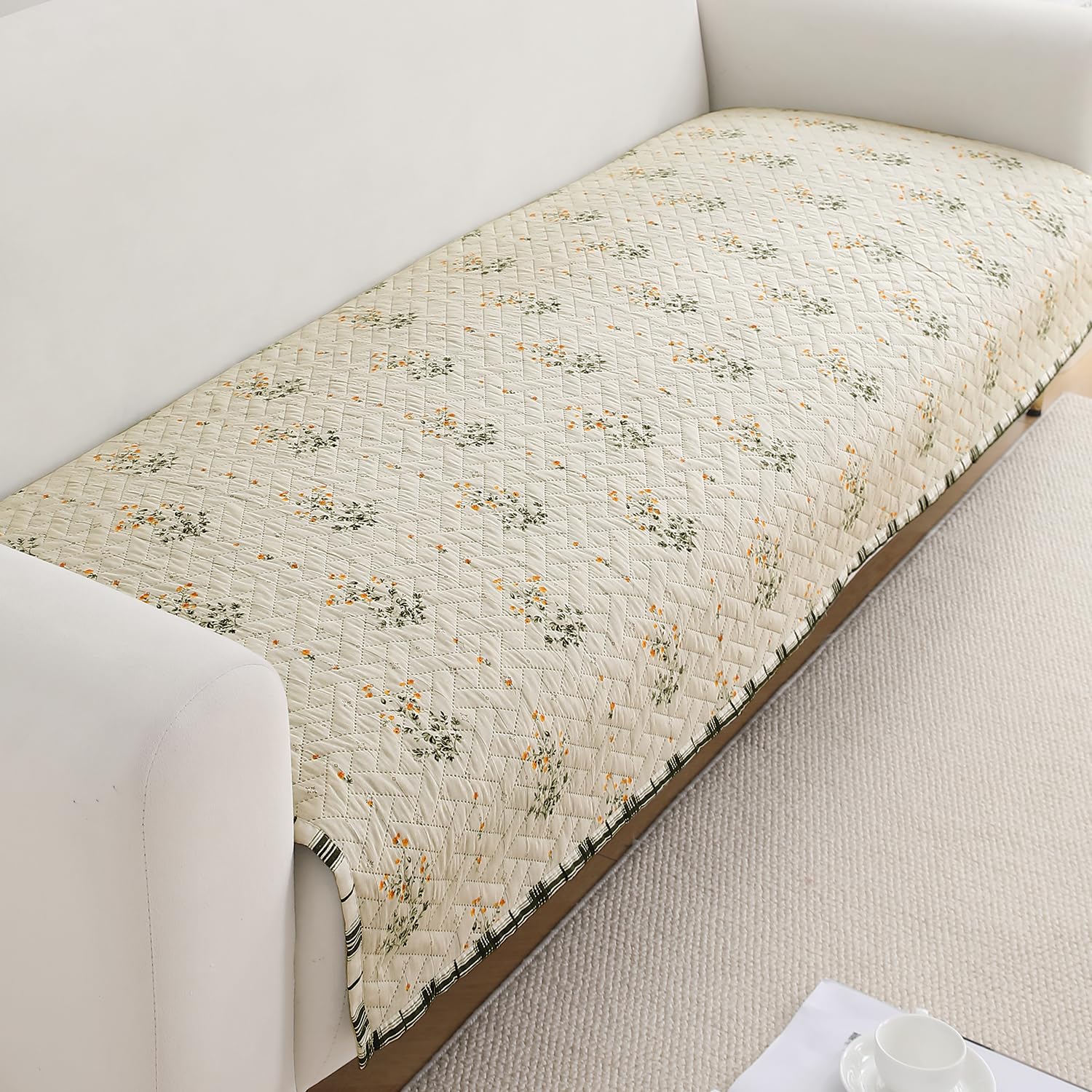 HOKIPO 'HomeHues Series' Printed Quilted Sofa Cover Mats for 1/2/3 Seater Sofa and L Shape. Make Your Own Sofa Cover Set, Mat Length 90(D) X 150(L) Cm, Light Green Ash Gypsy Flower (IN-808-D5)