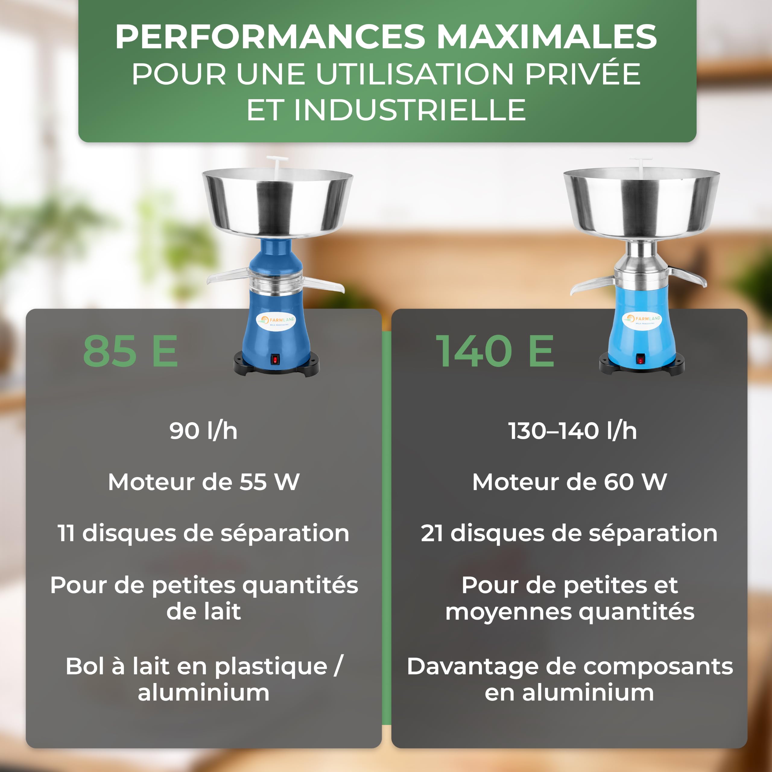 Farmland Centrifugeuse électrique - Séparateur de lait puissant pour 140 l/h - Séparateur de lait de qualité supérieure - Lait centrifuge pour débutants et professionnels - Quantité de cadre réglable