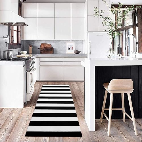 Miniatura 8 de KOZYFLY Tapete a rayas blancas y negras de 2 x 6 pies, tejido de algodón, lavable, color negro, para interiores y exteriores, juego para tapetes de