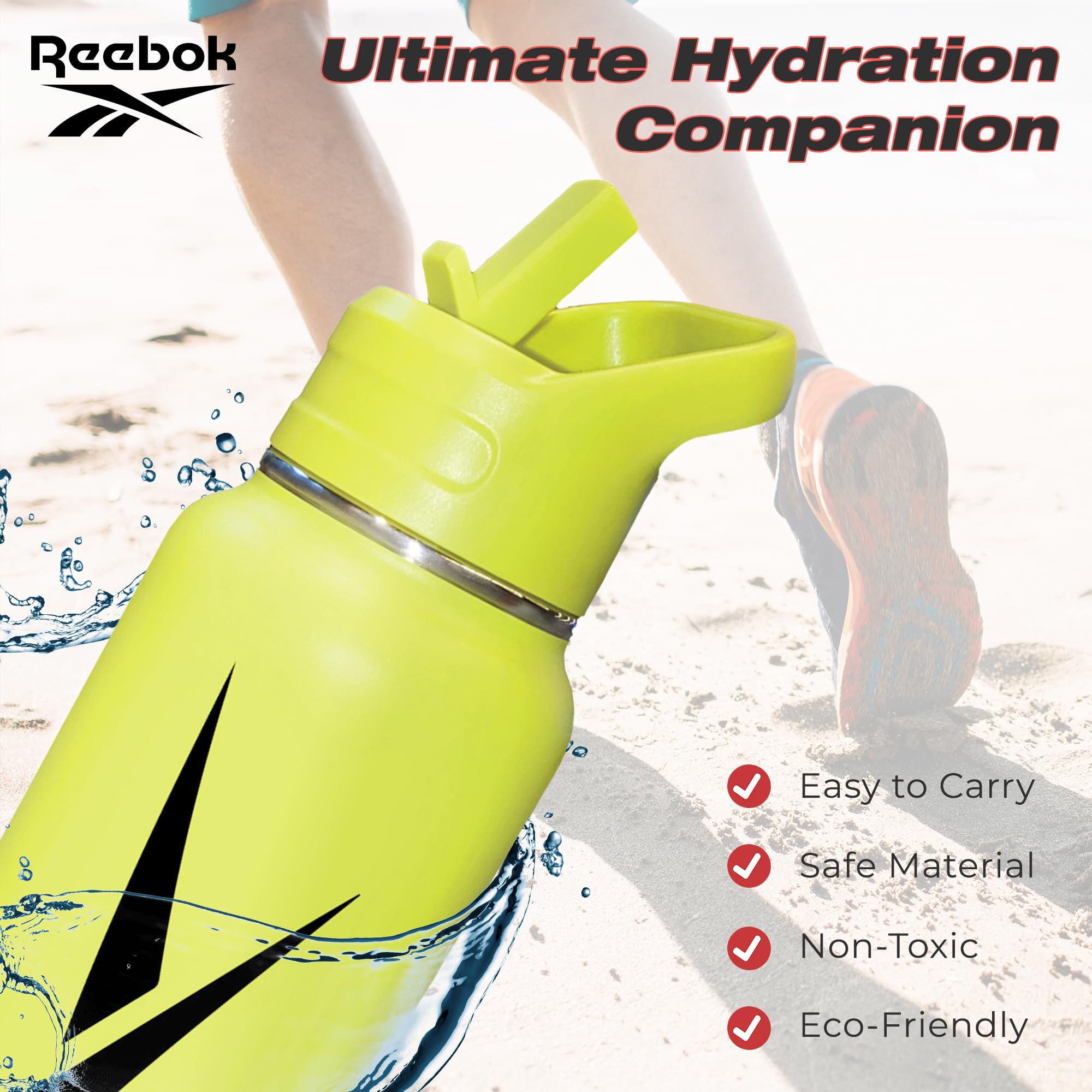 Reebok Edelstahl-Wasserflasche mit Strohhalm-Deckel und sportlichem Design, doppelwandig, vakuumisoliert, Sport-Trinkflasche mit Strohhalm, BPA-frei, 900 ml, Gelb mit schwarzem Vektor