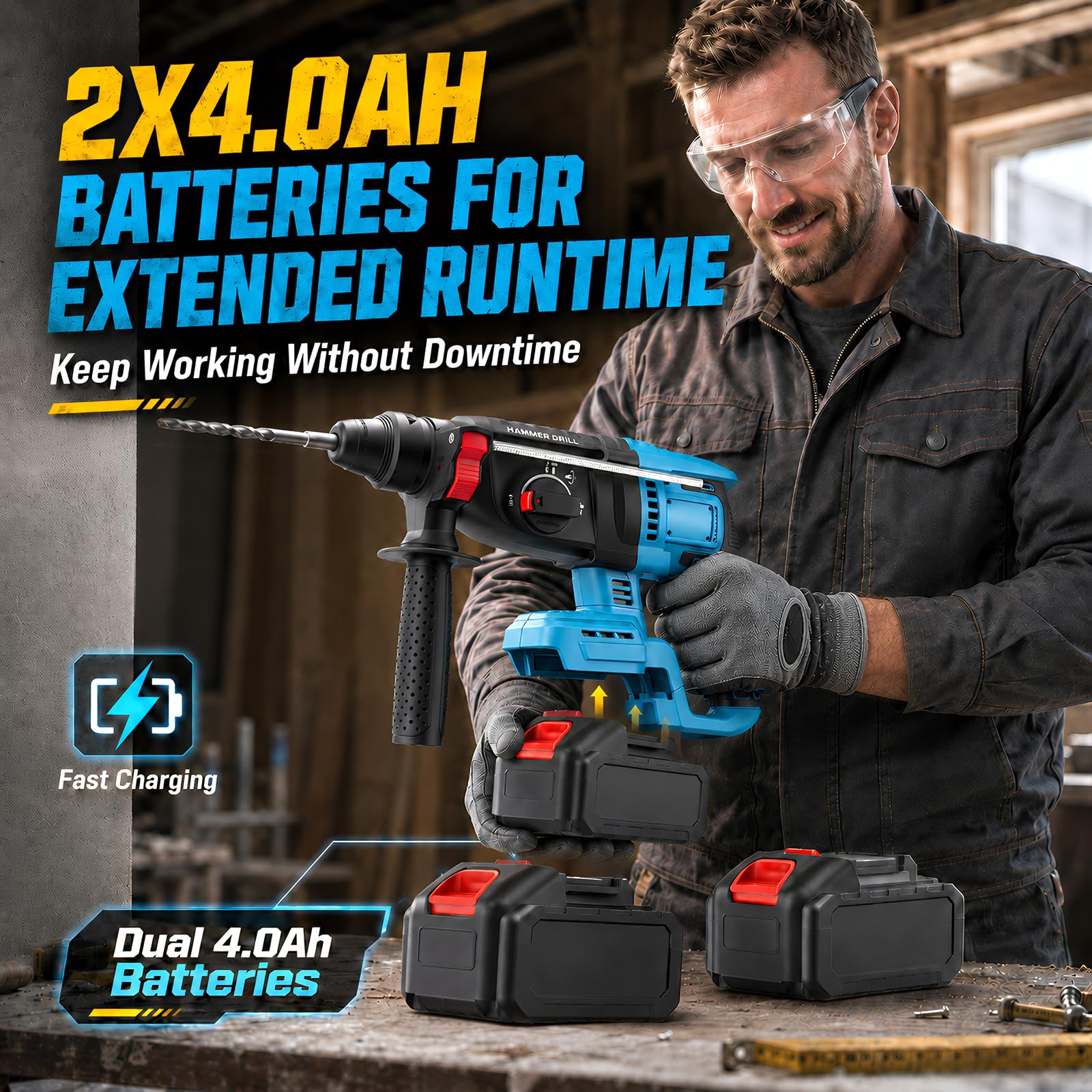 Marteau Perforateur Sans Fil, Perceuse à percussion 5 en 1 avec 2 batteries de 21V, Brushless, pour béton, rénovation et bricolage, avec foret, burin et mallette
