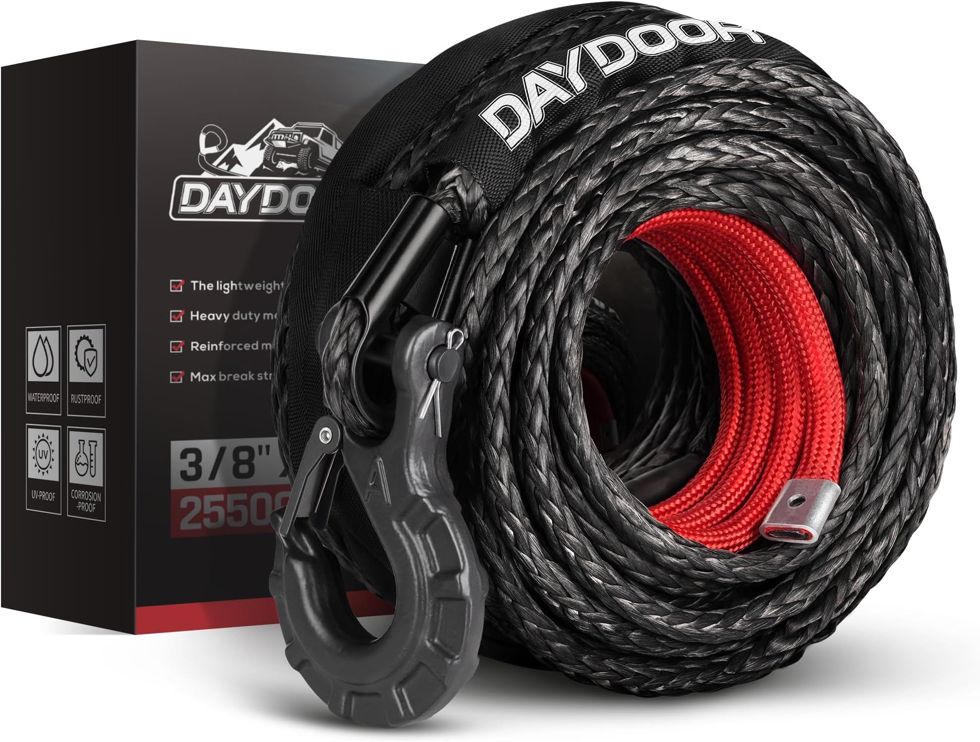 DAYDOOR 3/8'' x 92ft Synthetic Winch Rope, 25,500 Lbs Winch Rope Cable Kit, Winch Line
