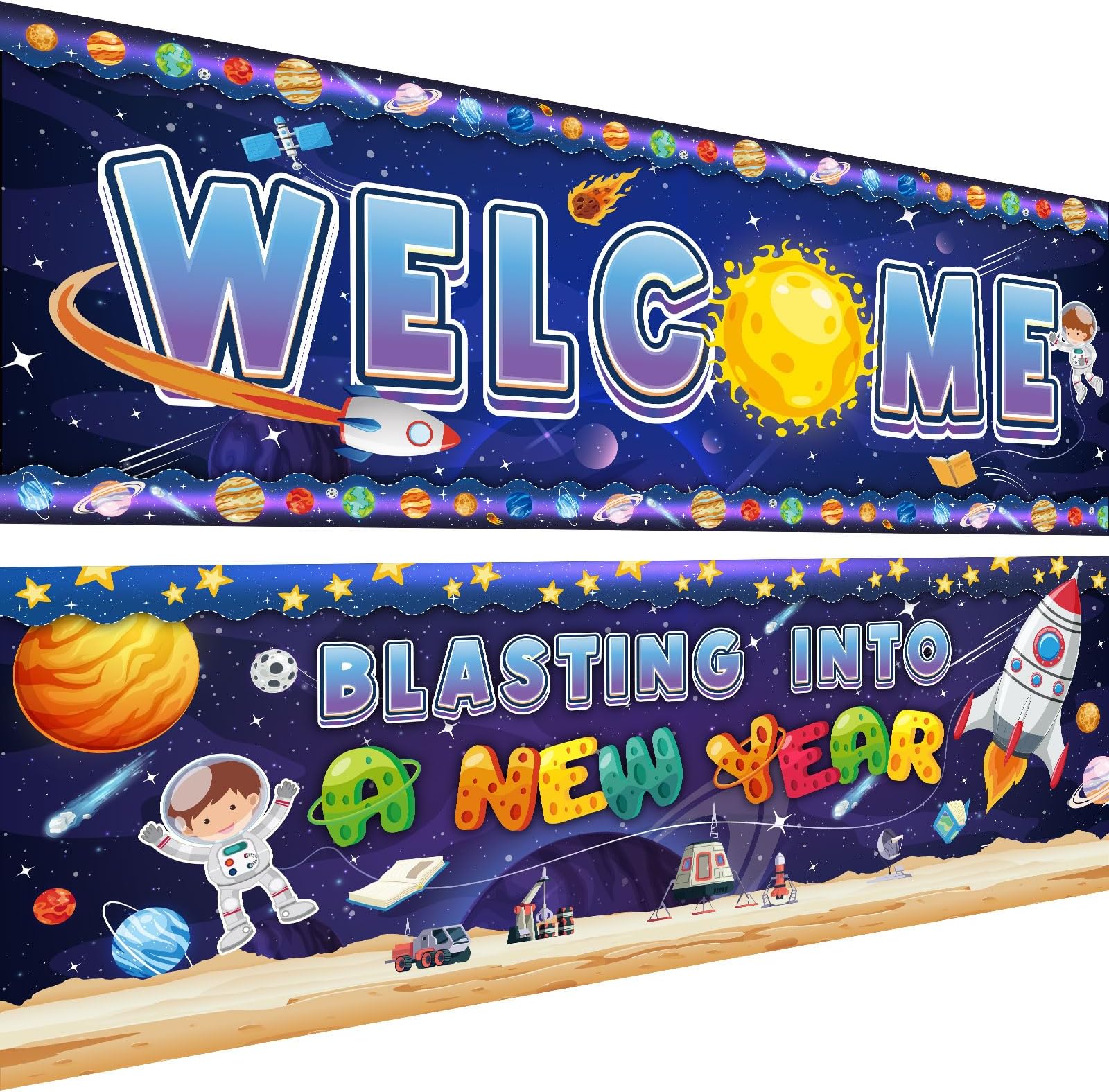 Harloon 2 Pcs Classroom Welcome Banner Poster Outer Space Classroom Motivational Banner Decor Space Bulletin Board Set with Adhesive Dot for School Office Home Wall Decor