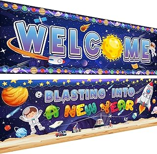 Harloon 2 Pcs Classroom Welcome Banner Poster Outer Space Classroom Motivational Banner Decor Space Classroom Bulletin Board Set with Adhesive Dot for School Office Home Wall Decor