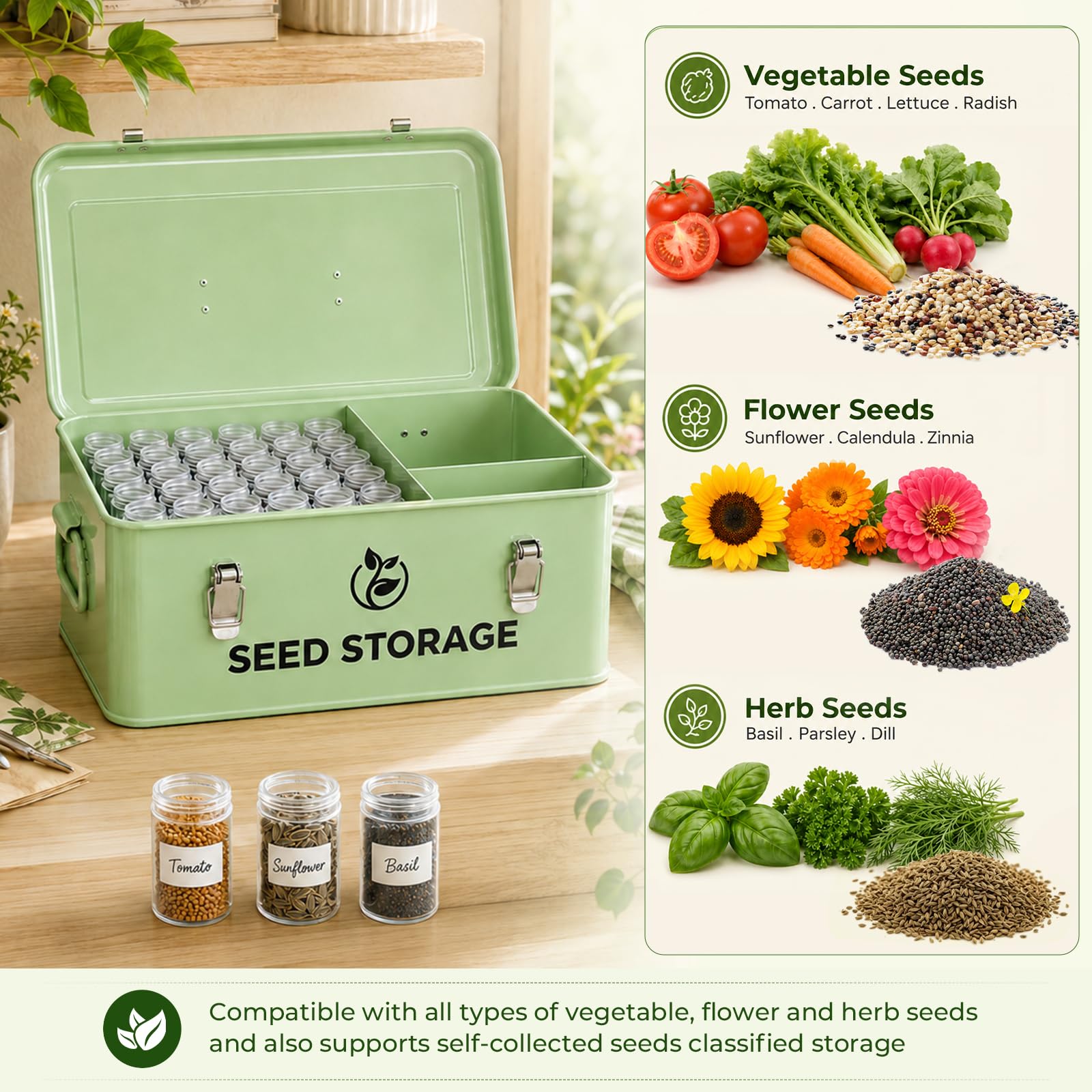 Caja de Almacenamiento de Semillas, Caja Organizadora para Almacenar Semillas Caja para Semillas con 60 Botellas de PláStico, 20 Bolsas de Papel Kraft, 4 Herramienta para Plantar, 1 Embudo de Silicona | con 60 botellas, 20 sobres, 4 herramientas de planta