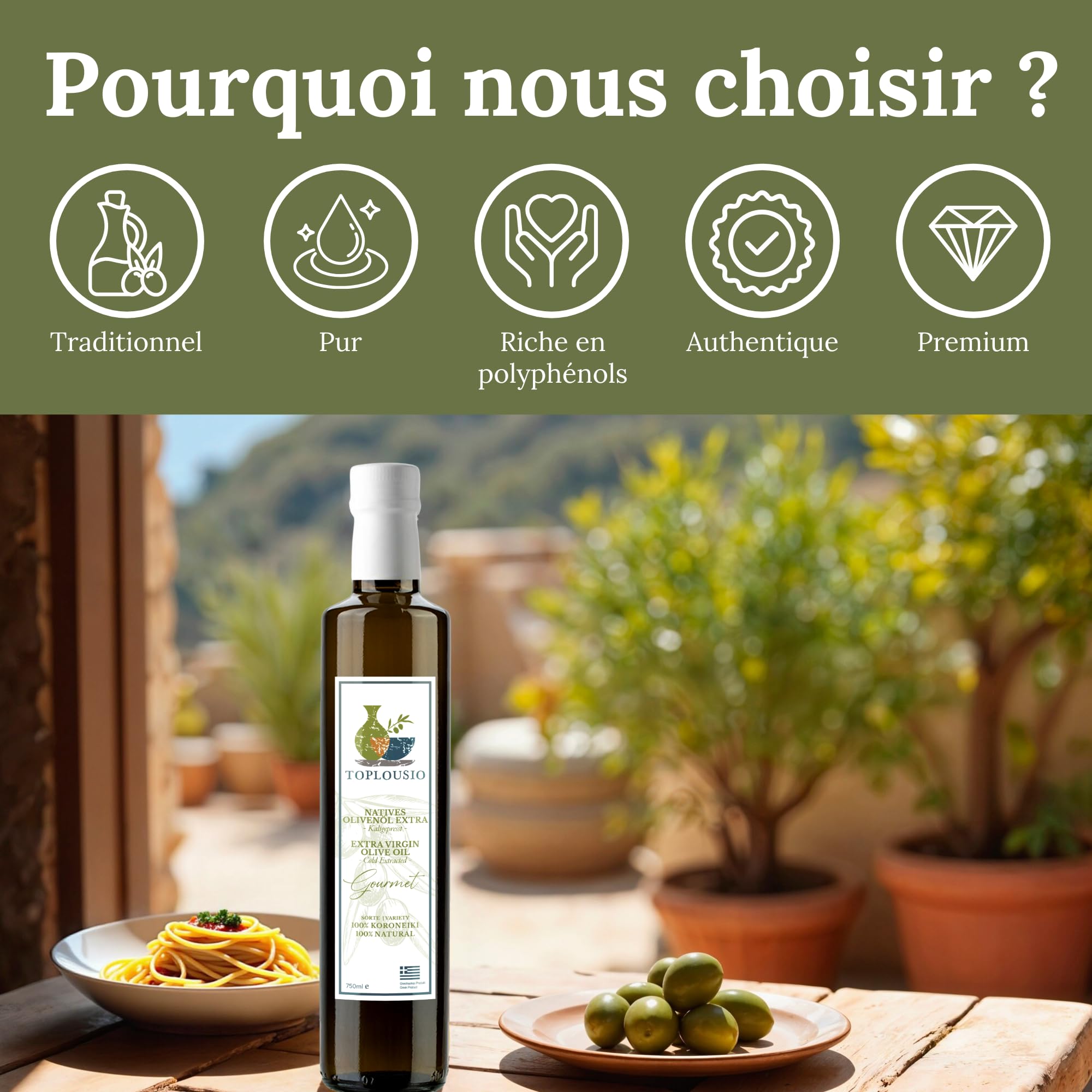 TOPLOUSIO Huile d’Olive Vierge Extra 750 ml 100% Koroneiki de Grèce, Pressée à Froid, Goût Fruité & Doux – Origine Ancienne Olympie – Parfaite pour Salades, Pâtes & Cuisine Méditerranéenne