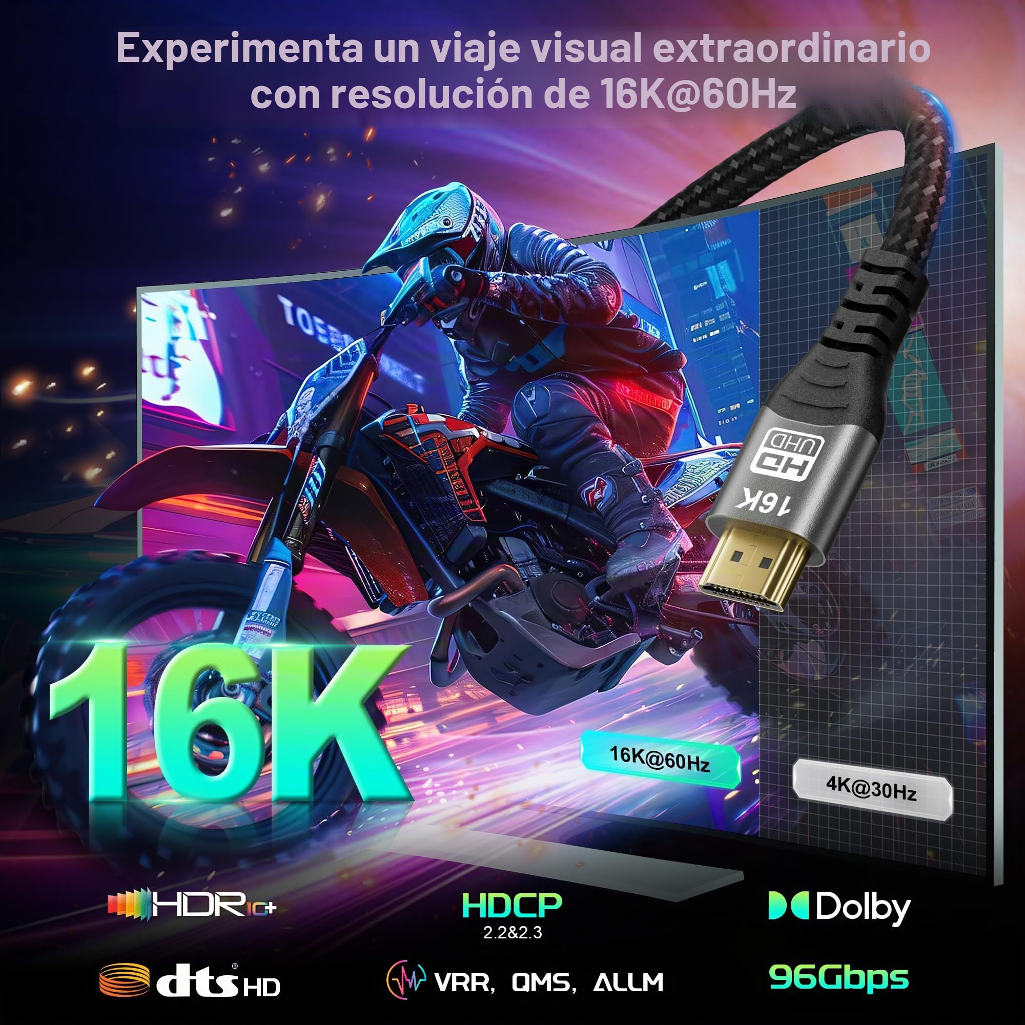 CAKOBLE 16K Cable HDMI 5m, HDMI 2.2 96Gbps Ultra-High-Speed, 16K@60Hz, 12K/10K@120Hz, 8K@240Hz, 4K@240Hz/@360Hz/480Hz, eARC, HDR10+, Dolby, HDCP 2.2, Para hdmi 2.1,PS5, Xbox, Soundbar, Fire TV, HDTV