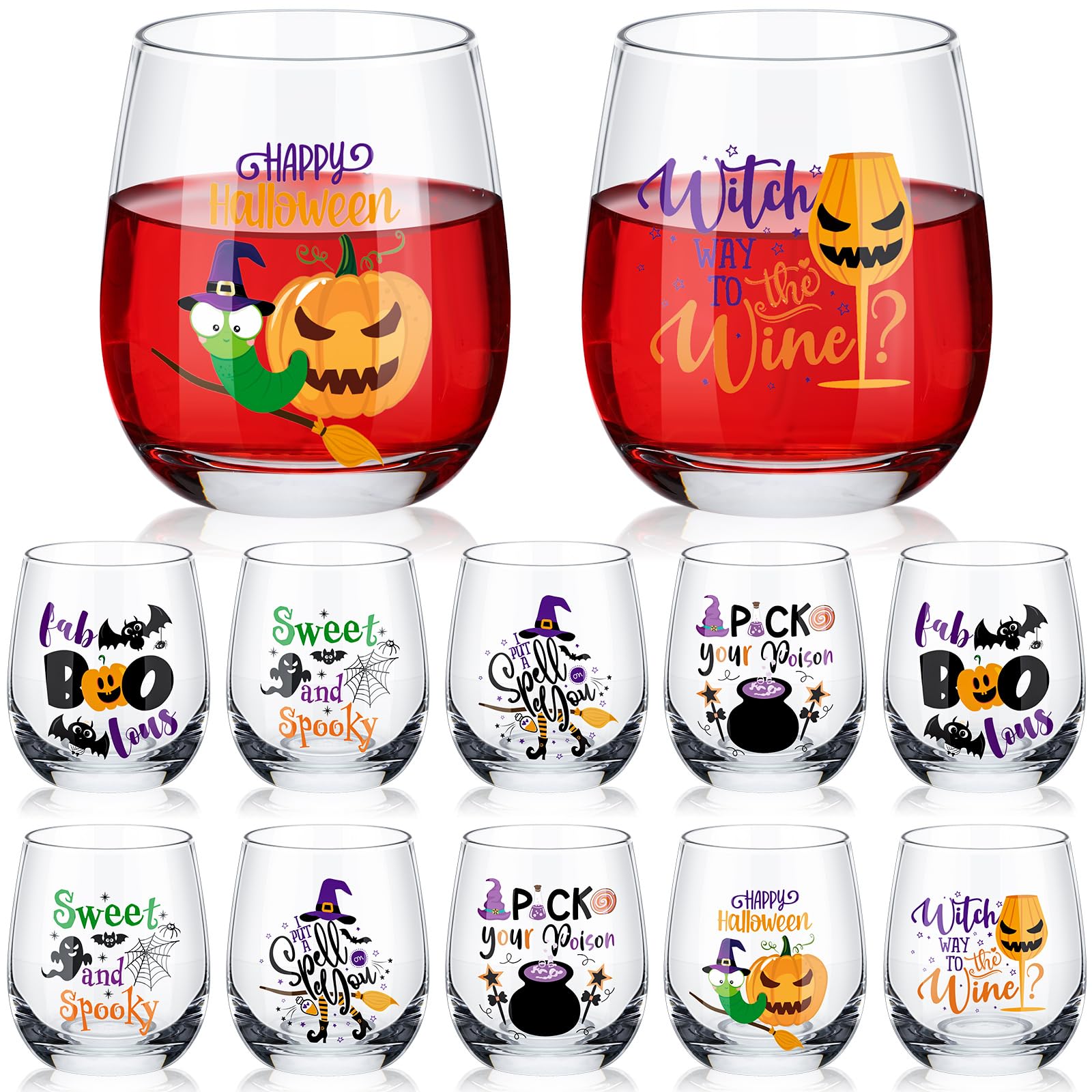 2 Sets Witches Wine Glasses With Charms - 8 Oz Pink & Green Halloween Champagne Flutes