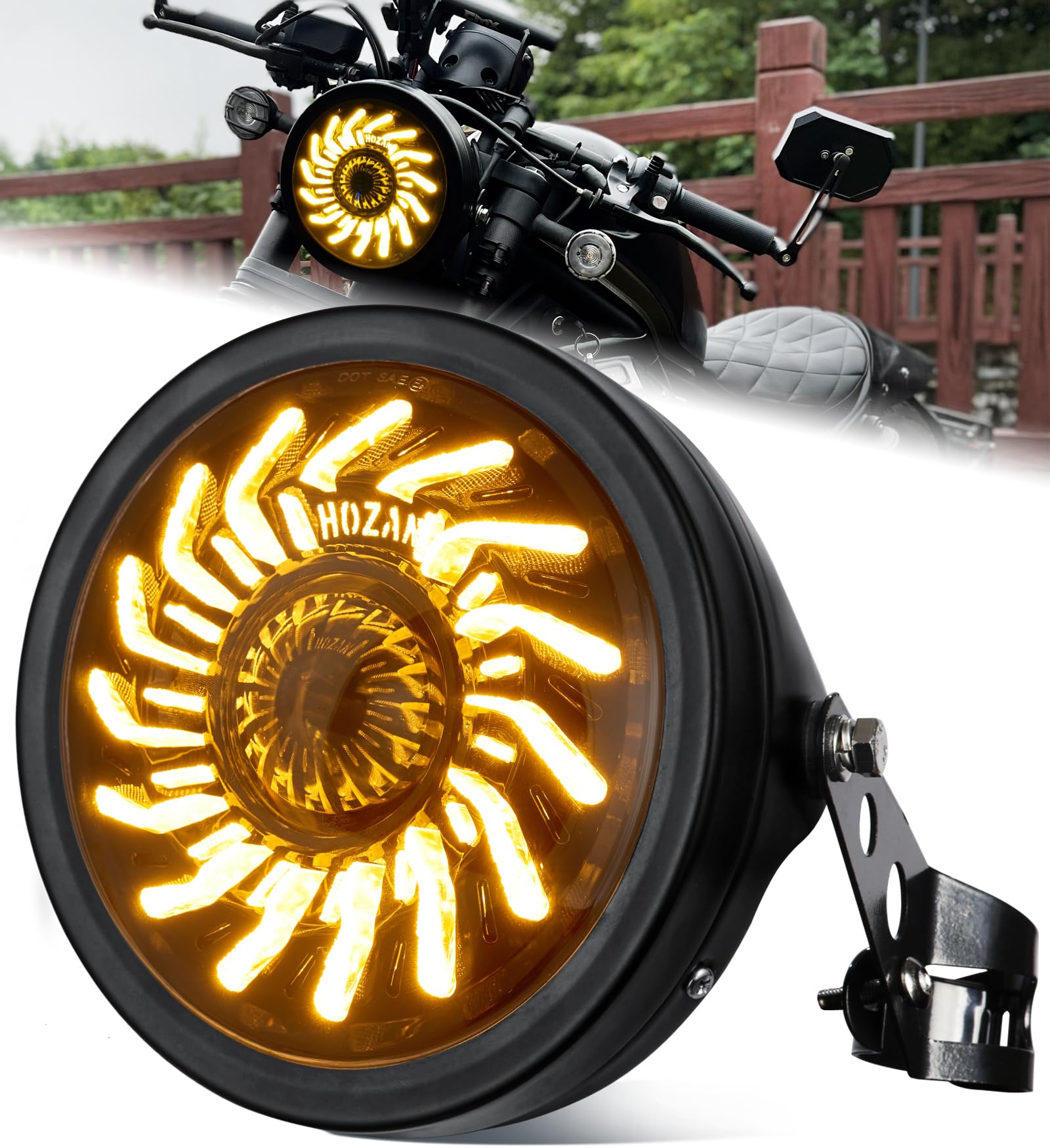 7" Motorcycle Headlight with White/Amber chrysanthemum petal DRL with Headlight Housing Bucket Mount Brackets Compatible with CB400 CB1300 Vulcan custom XS650 Chopper Cafe Racer Bobbe