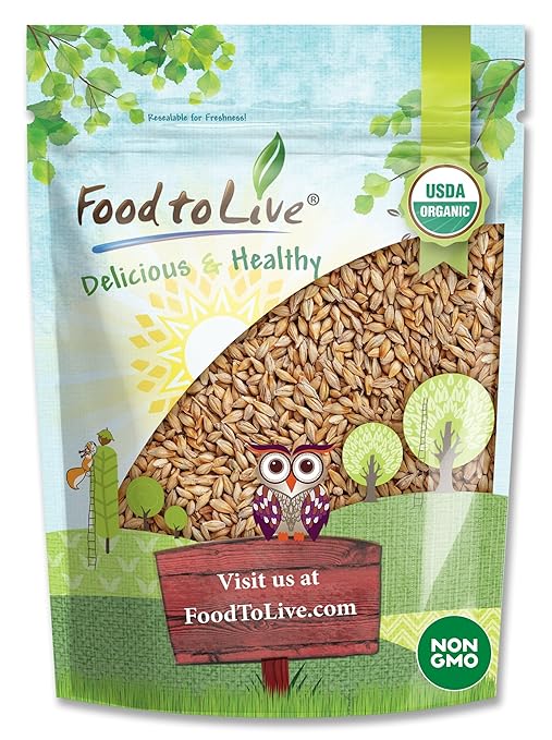 Food to Live Organic Whole Unhulled Barley, 1 Pound - Premium Quality Seeds with Husk Intact. Non-GMO, 100% Natural, High in Fiber. Kosher Grain.