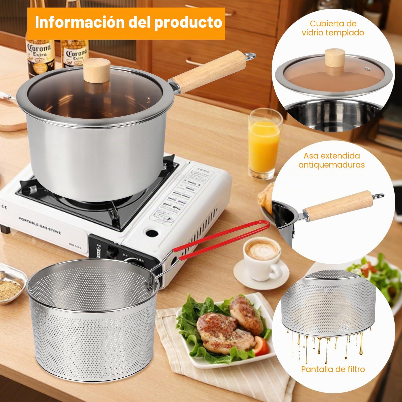 Olla Freidora con Cestillo, Pequeño Olla para Freír 20cm de Acero Inoxidable de 2.5L, Freidora con Filtro Aceite 2 en 1, Colador de Grasa con Tapa y Clip para Alas de Pollo, Mariscos, Patatas Fritas