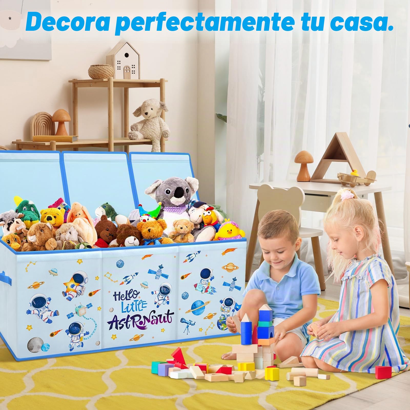 decalsweet Caja de Juguete Extra Grande con Tapa Abatible, Caja Almacenaje Oxford Plegable con Asa para Niños Niñas, Baúl Juguetes y Almacenamiento Impermeable Resistente, 96×32×40(Planeta Astronauta)