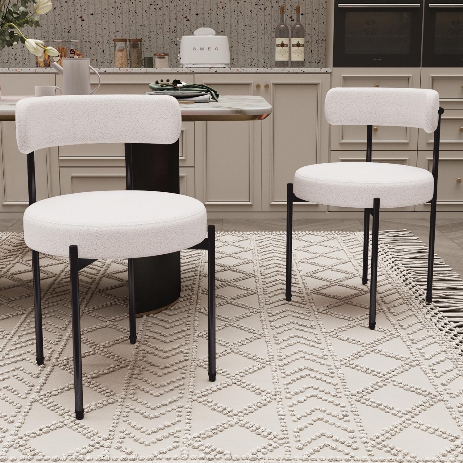 YEEFY Boucle Dining Chairs Set of 2 Teddy Upholstered Dining Room Chairs Kitchen Chairs with Metal Legs Mid Century Modern Chair for Dining Room,