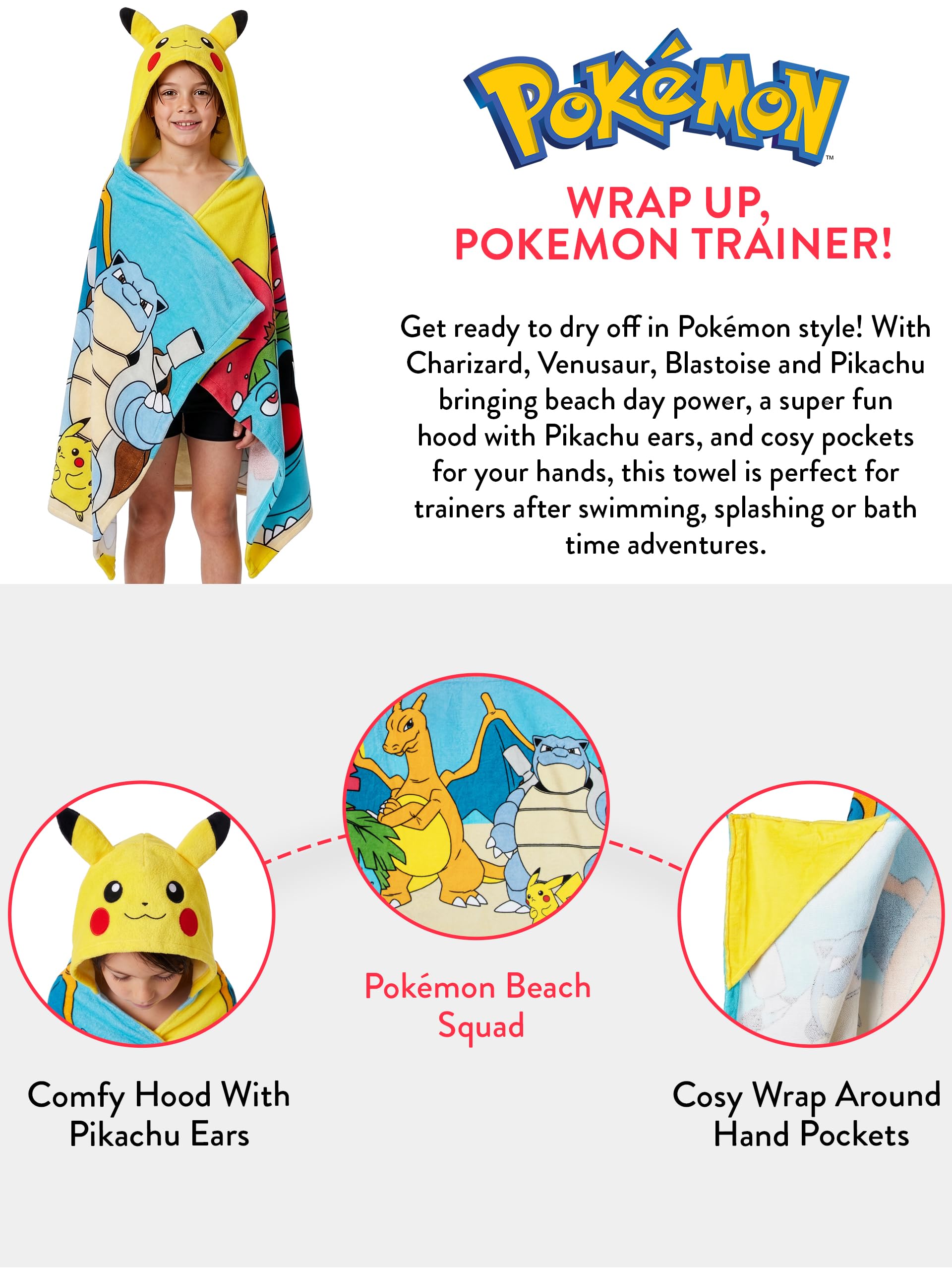 Pokémon Asciugamano da bagno bambini, telo mare con cappuccio Pikachu, accappatoio per bambini per piscina o spiaggia, taglia unica
