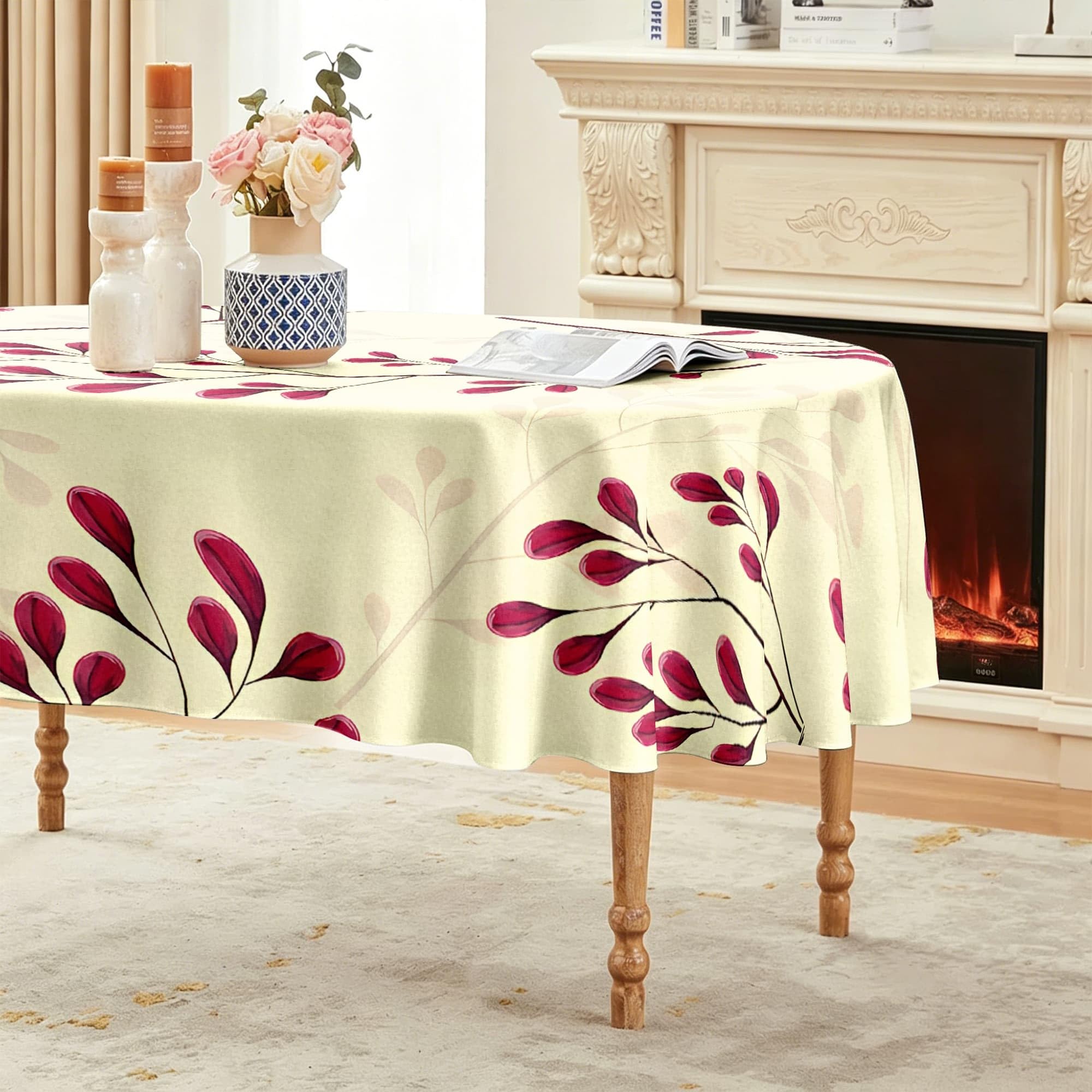 Rotes Blatt Tischdecke Oval 160x220, Botanische Ranken Tischdecken Abwaschbar Lotuseffekt, Moderne Blumen Tischtuch aus Polyester Fleckschutz Wasserabweisend für Küche, Garten, Party, K-910